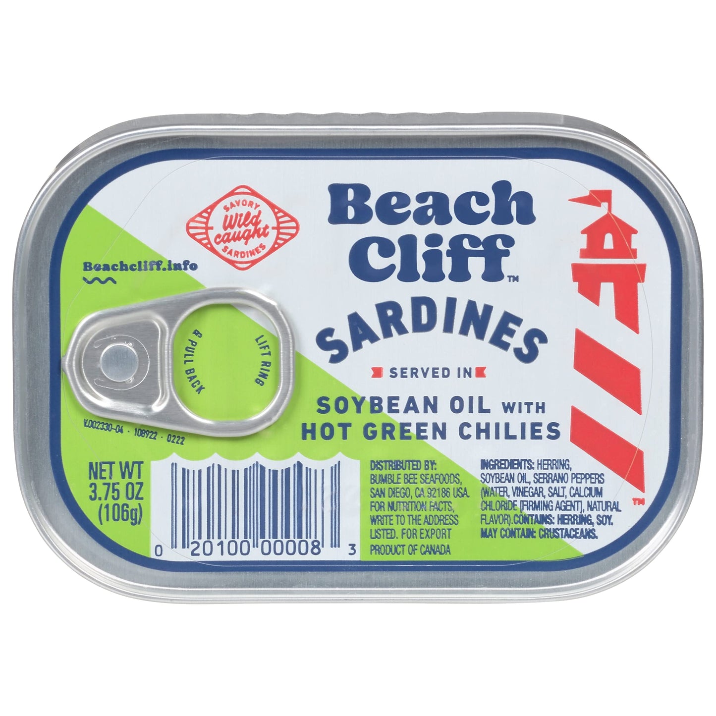Beach Cliff Sardines in Soybean Oil with Hot Green Chilies, 3.75 oz Can, 17g Protein, Gluten Free, Keto Friendly