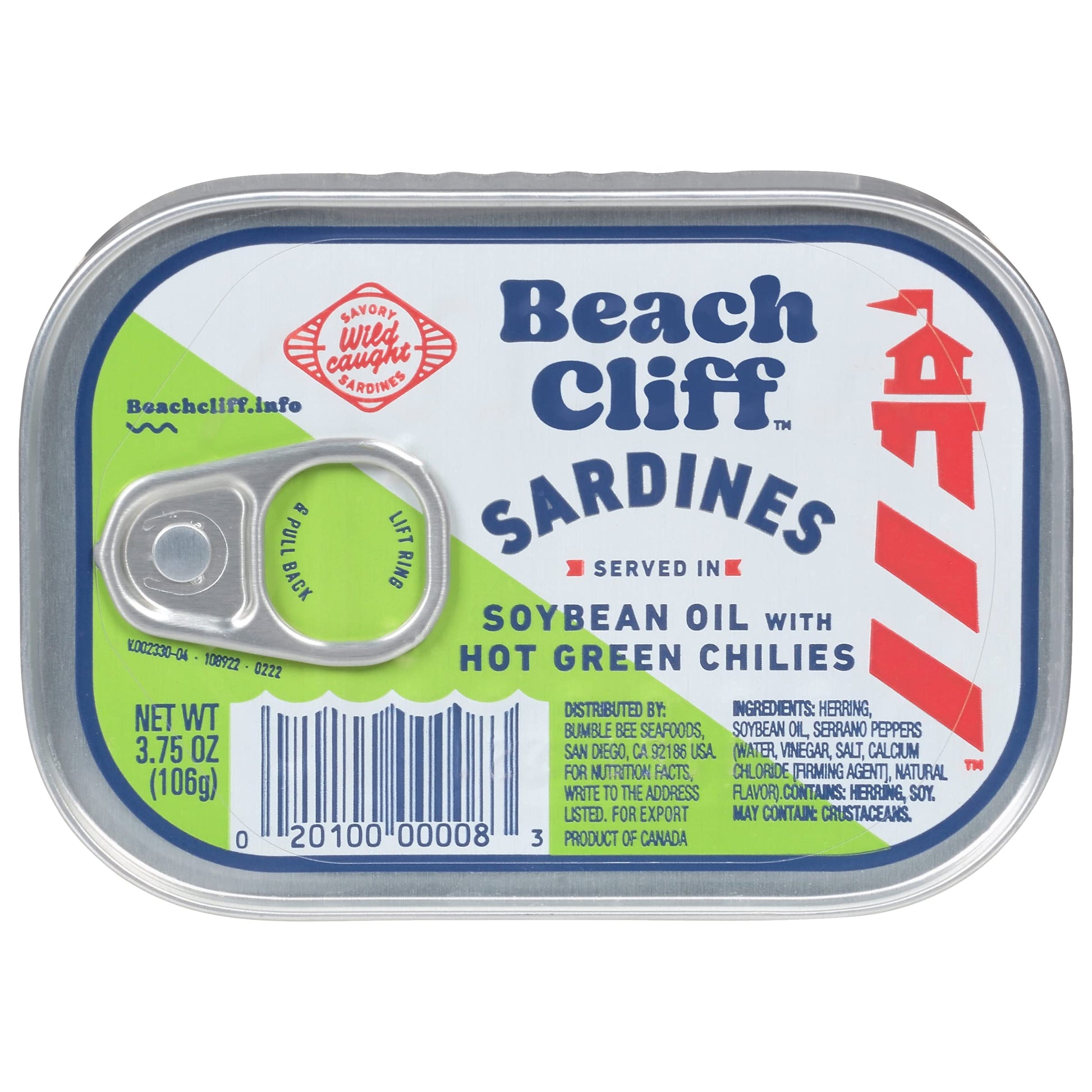 Beach Cliff Sardines in Soybean Oil with Hot Green Chilies, 3.75 oz Can, 17g Protein, Gluten Free, Keto Friendly