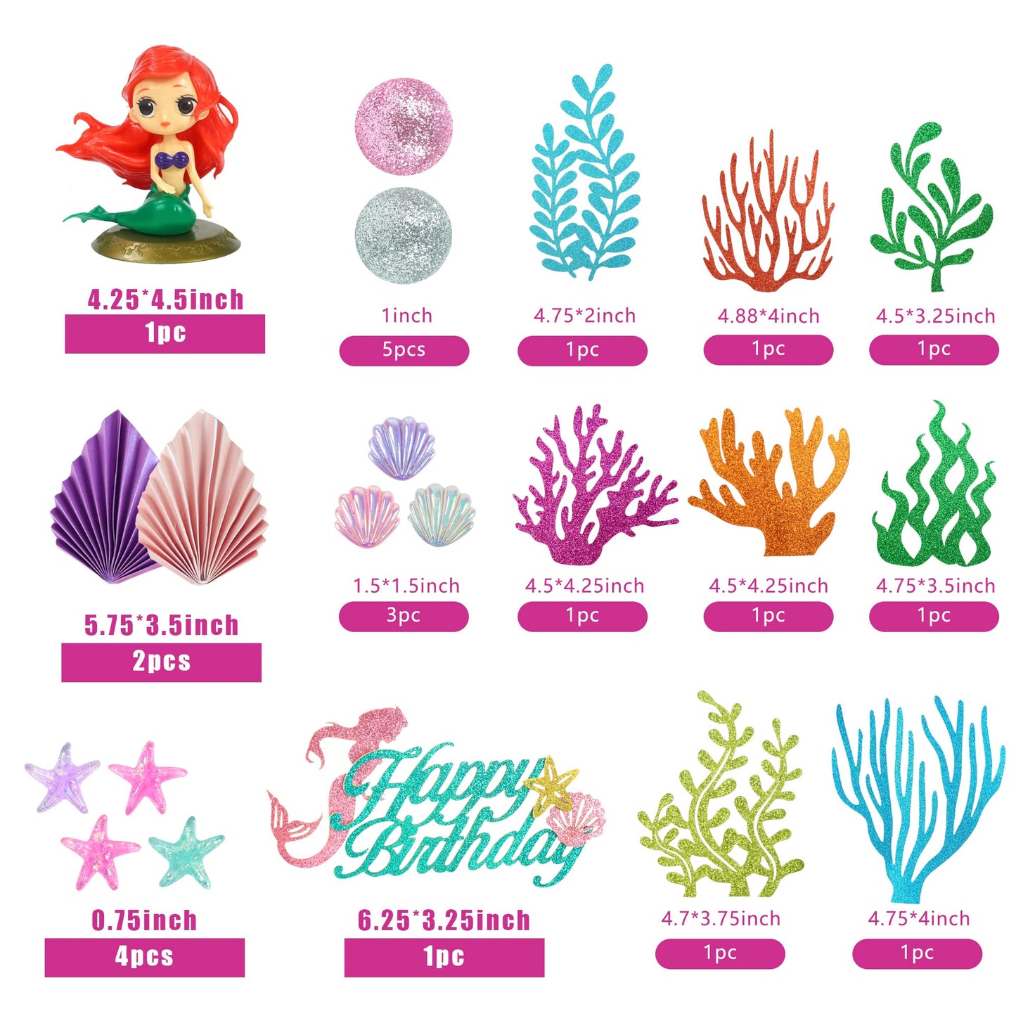 24Pcs Mermaid Cake Topper Under The Sea Cake Topper With Ariel Model Palm Leaves Sea Animals And Balls Topper For Little Mermaid