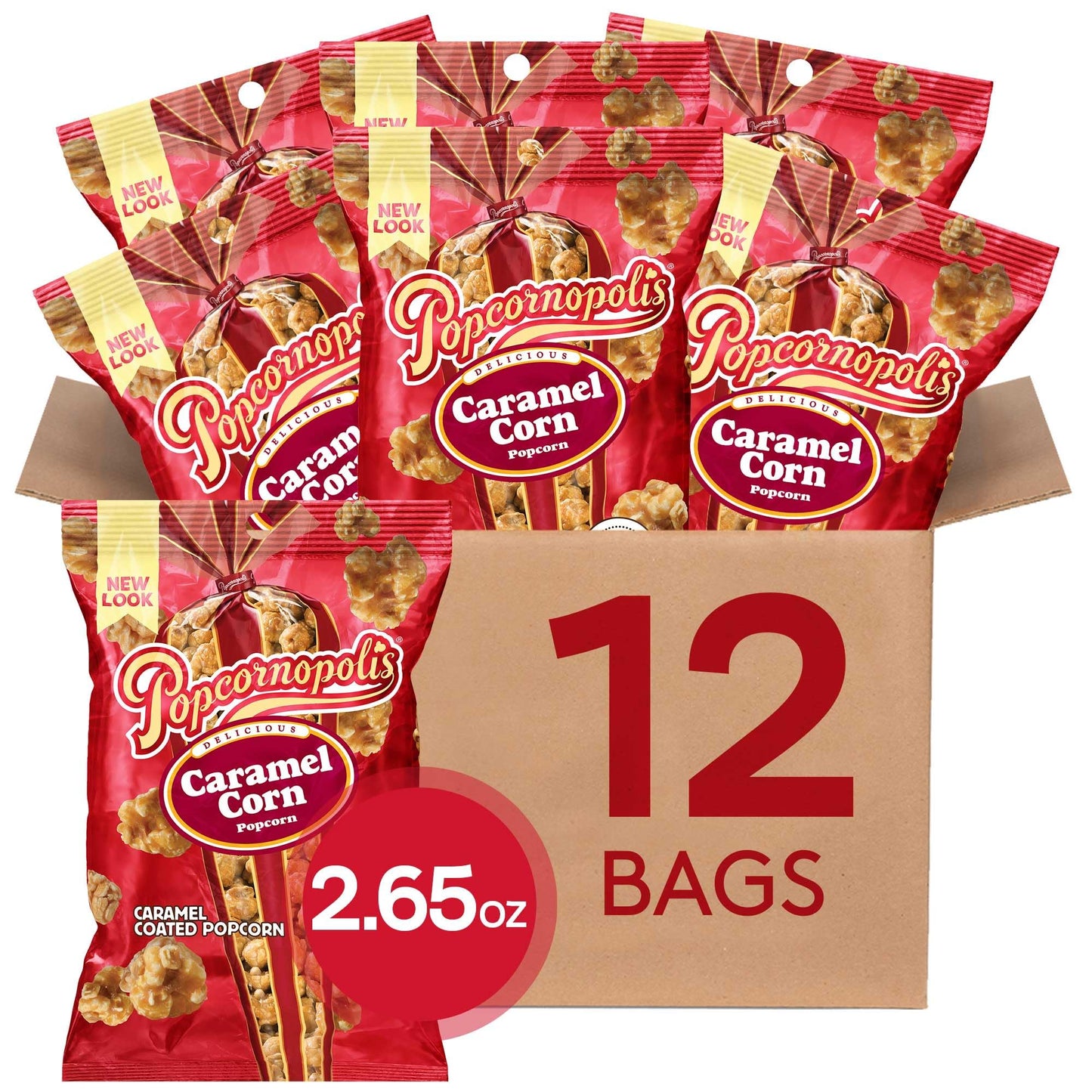 Popcornopolis Gourmet Popcorn, Caramel Corn, Sweet Snack, 12-Pack Snack Bags, Bulk & Single Serve, Non-GMO, Gluten-Free