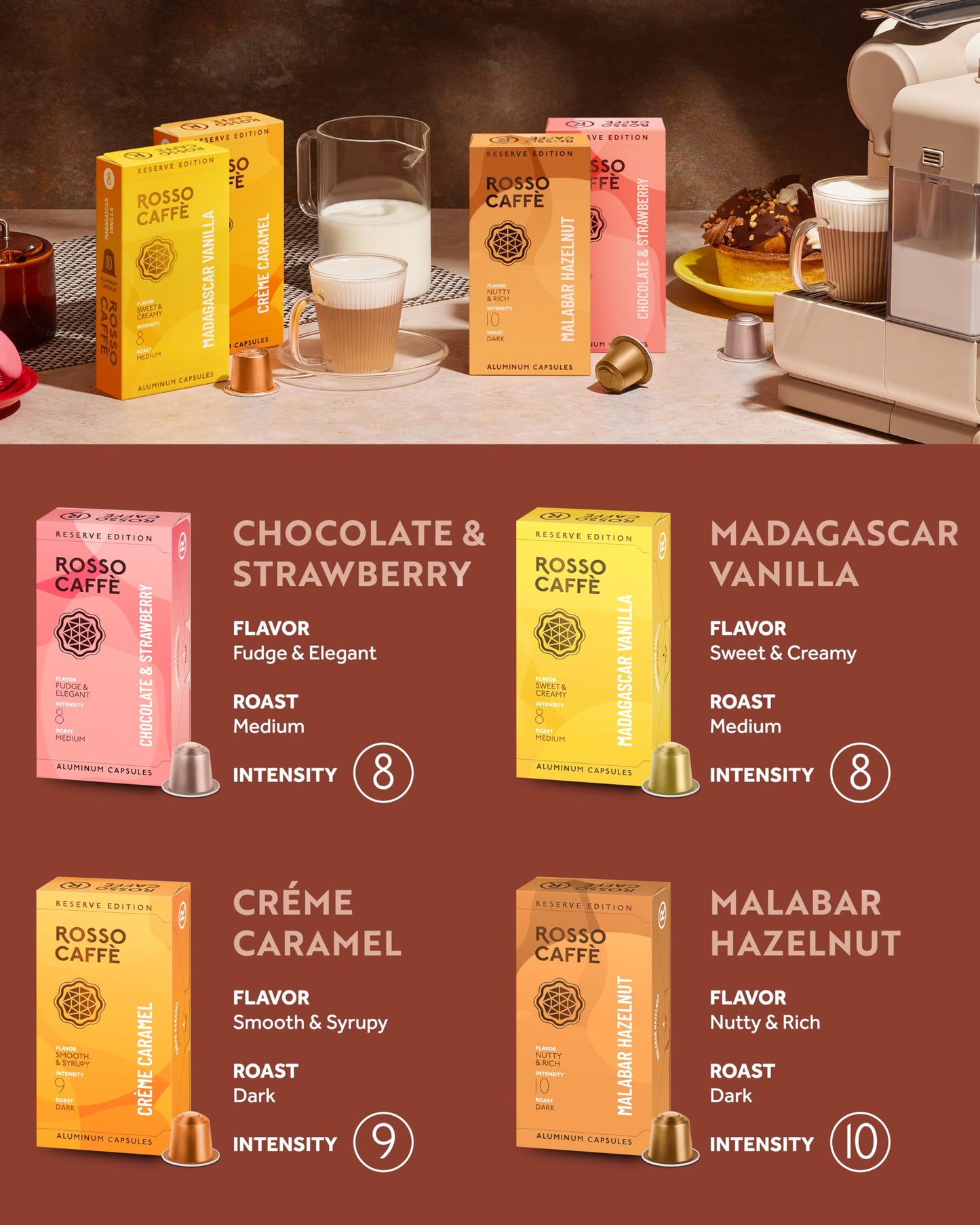 ROSSO CAFFÈ Espresso Coffee Pods for Nespresso - 80 Flavored compact pieces (Chocolate, Vanilla, Crème Caramel, Hazelnut) - 10 Count (Pack of 8)