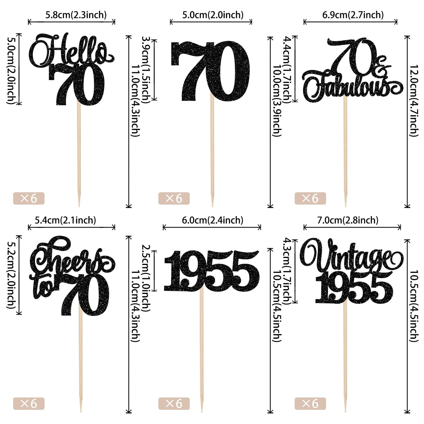 Rssta i 24 Pack Cupcake Toppers Glitter Seventy for 70th Birthday Party, Black Paper Decorations