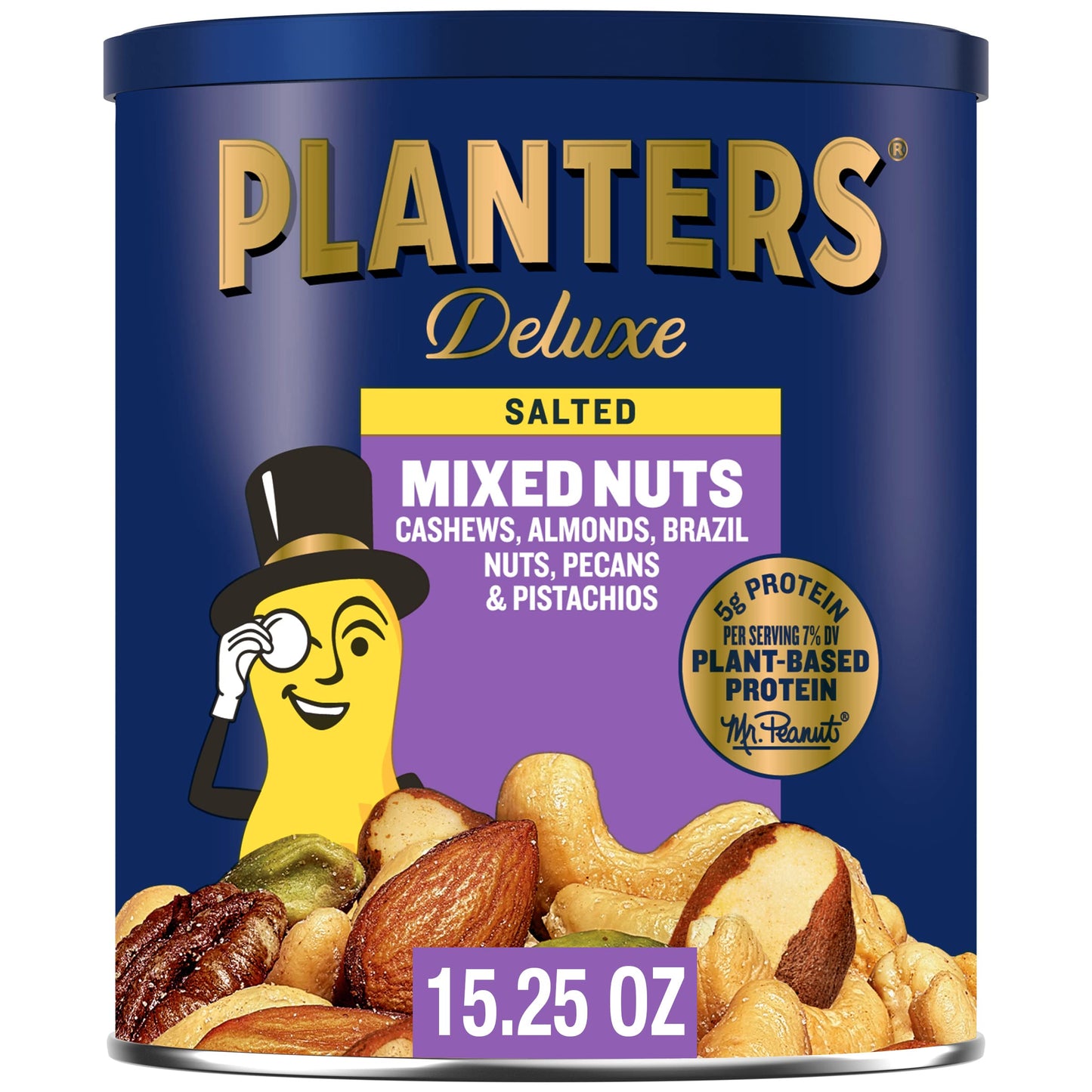 PLANTERS Deluxe Salted Mixed Nuts, Plant-Based Protein, 15.25 oz Canister