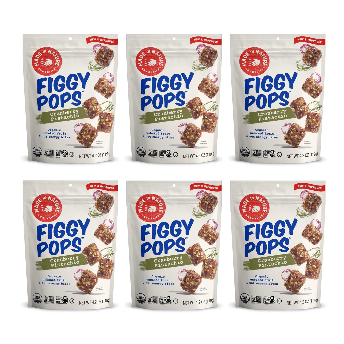 Made In Nature Organic Figgy Pops, Cranberry Pistachio, 4.2 Ounce (Pack of 6) - Unbaked Fruit & Nut Energy Bites, Non-GMO, Glute