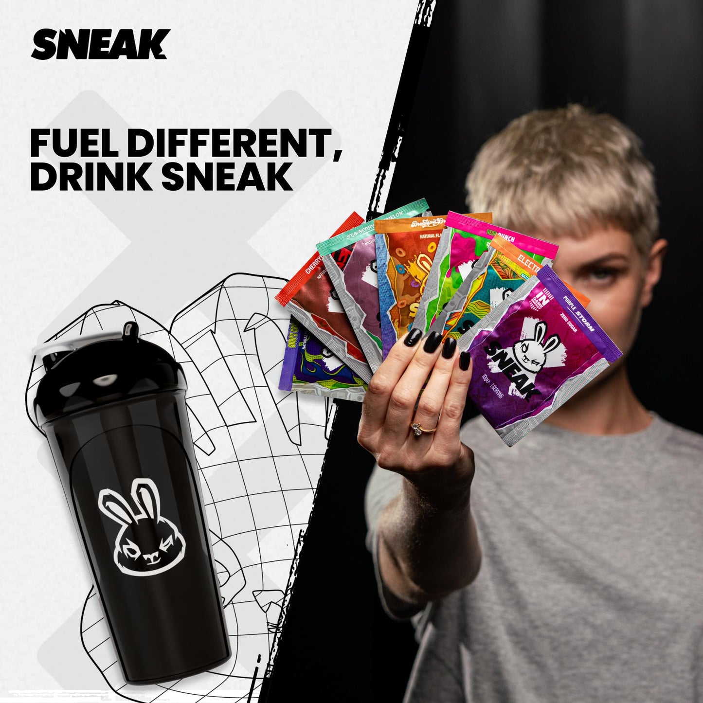 SNEAK Energy Drink Starter Pack - 9 Sachets, Natural Caffeine, Focus-Boosting Nootropics, Monochrome Shaker, 0.35 Ounce