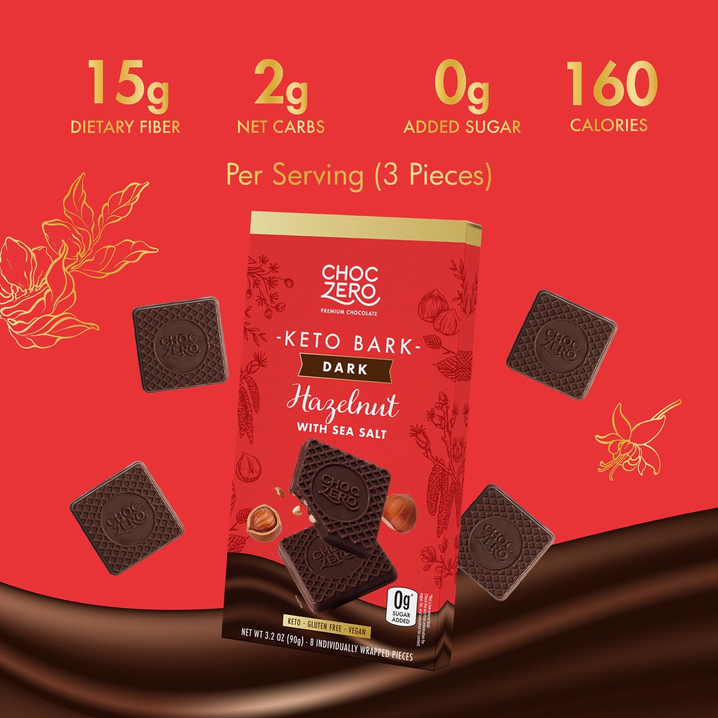 Choczero Keto Bark, Dark Chocolate Hazelnut With Sea Salt, Sugar Free, Low Carb, No Sugar Alcohols, No Artificial Sweeteners, Al