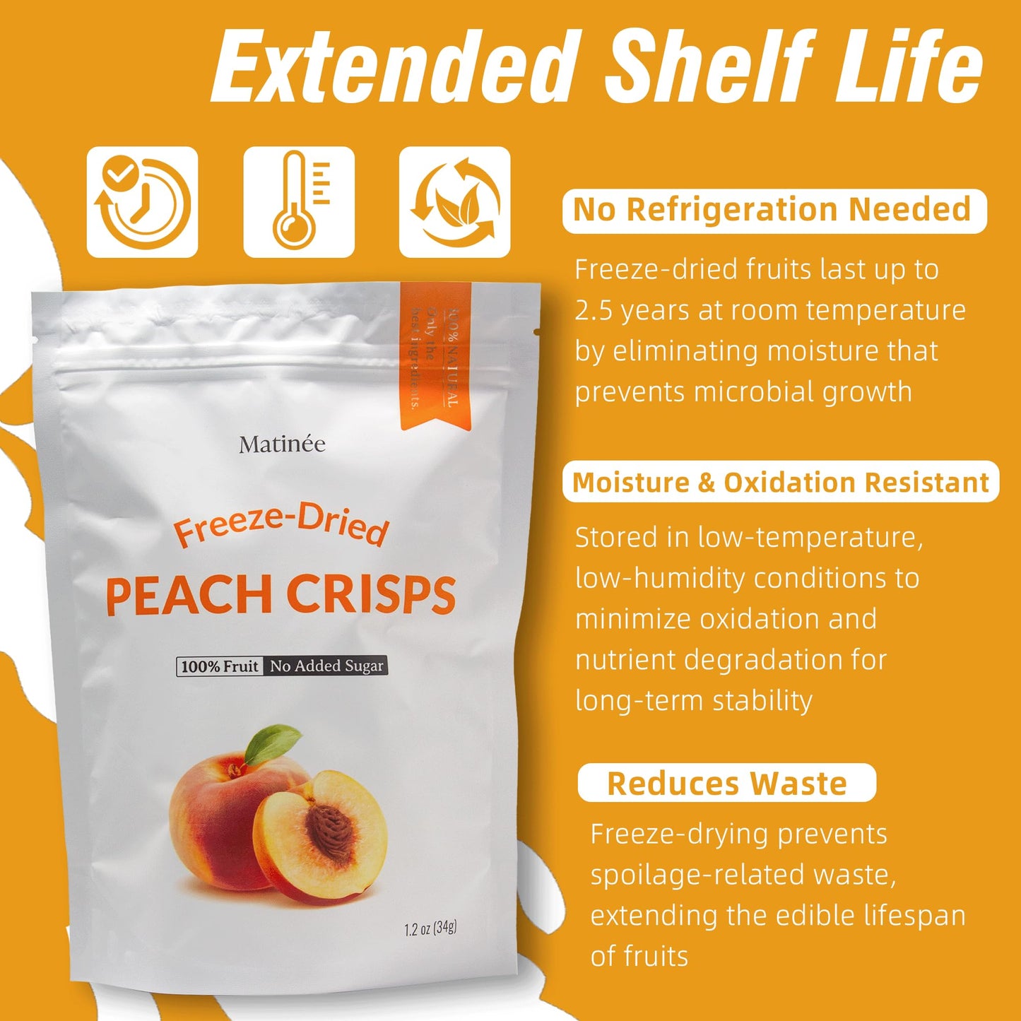 MATINÉE Freeze Dried Peaches, Dehydrated Fruit Snack, Vegan, Non-GMO, Preservative Free, 1.2oz, Pack of 4