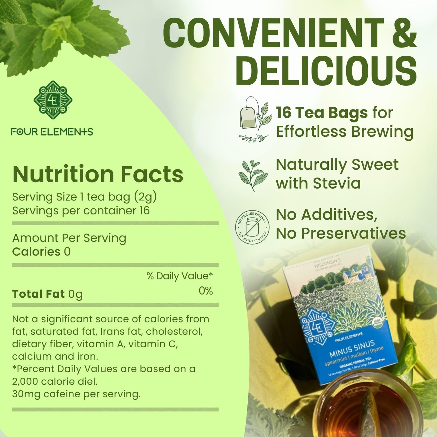 Four Elements 4E Minus Sinus Tea, Organic Herbal Tea with Spearmint, Mullein & Thyme, 16 Teabags, Caffeine-Free