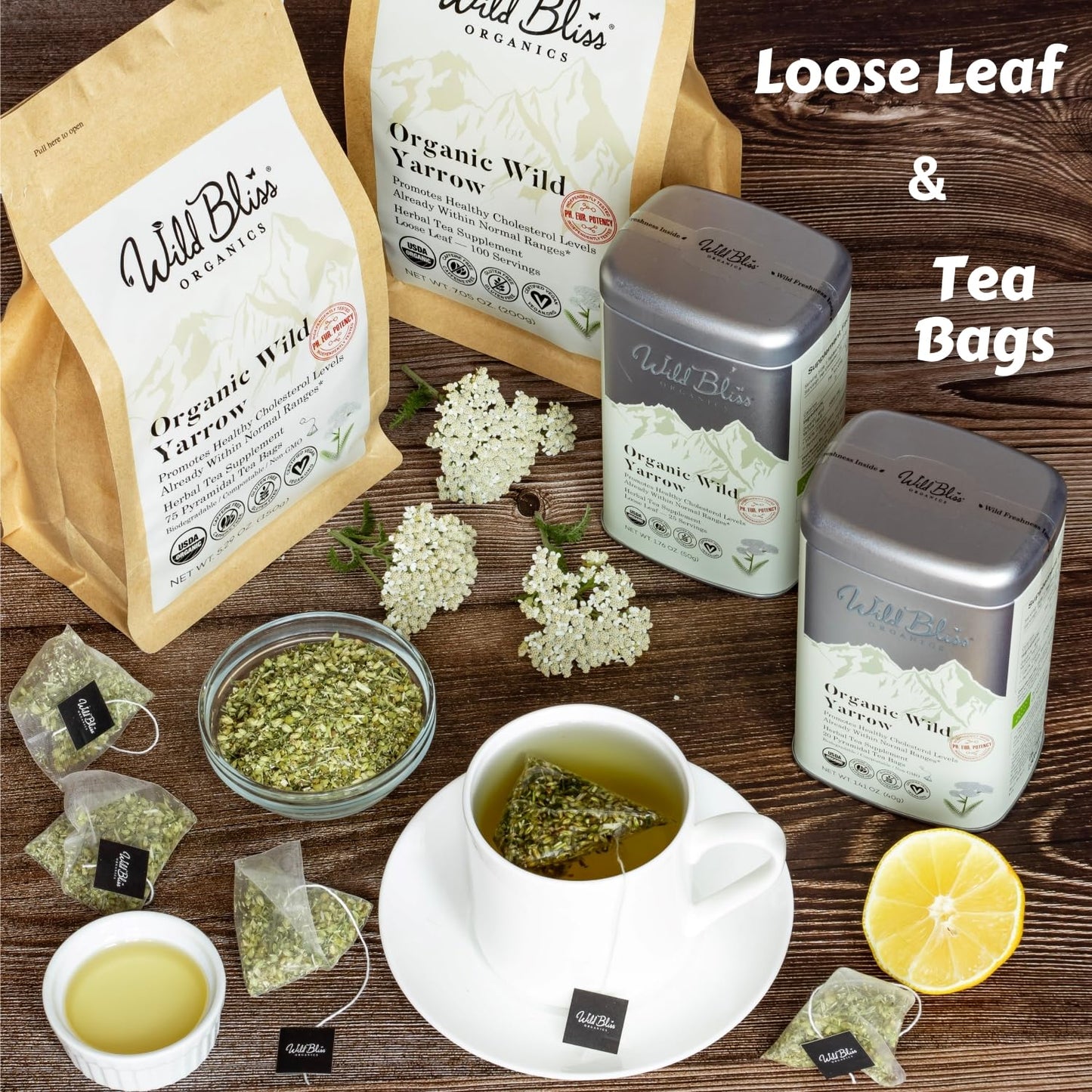 Wild Bliss Organic Yarrow Flower Tea - Caffeine Free Herbal Tea - 100 Servings - 7 Ounces