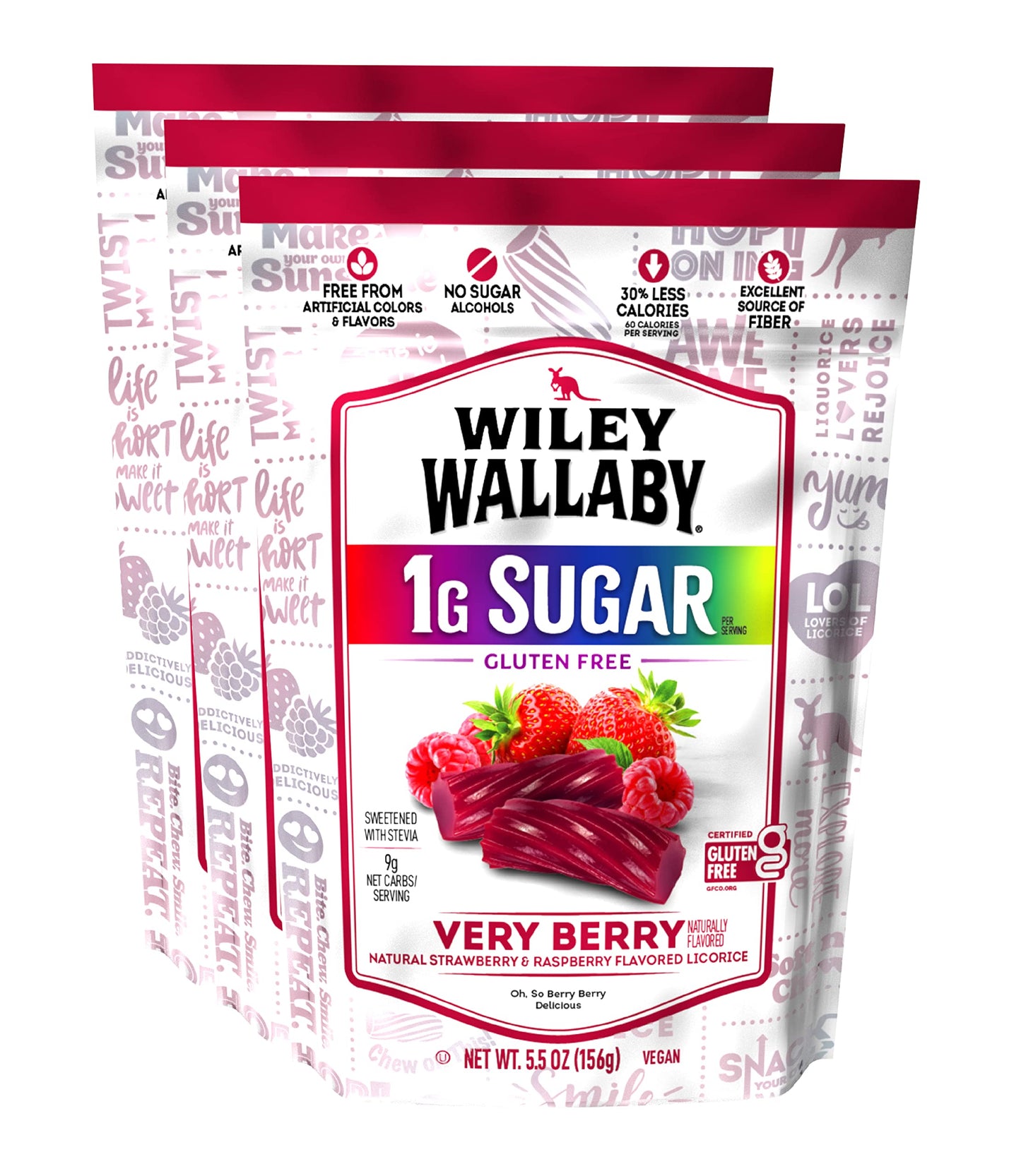 WILEY WALLABY Gourmet Soft & Chewy Licorice Candy Twists, Very Berry, Gluten Free, 5.5 Ounce (Pack of 3)