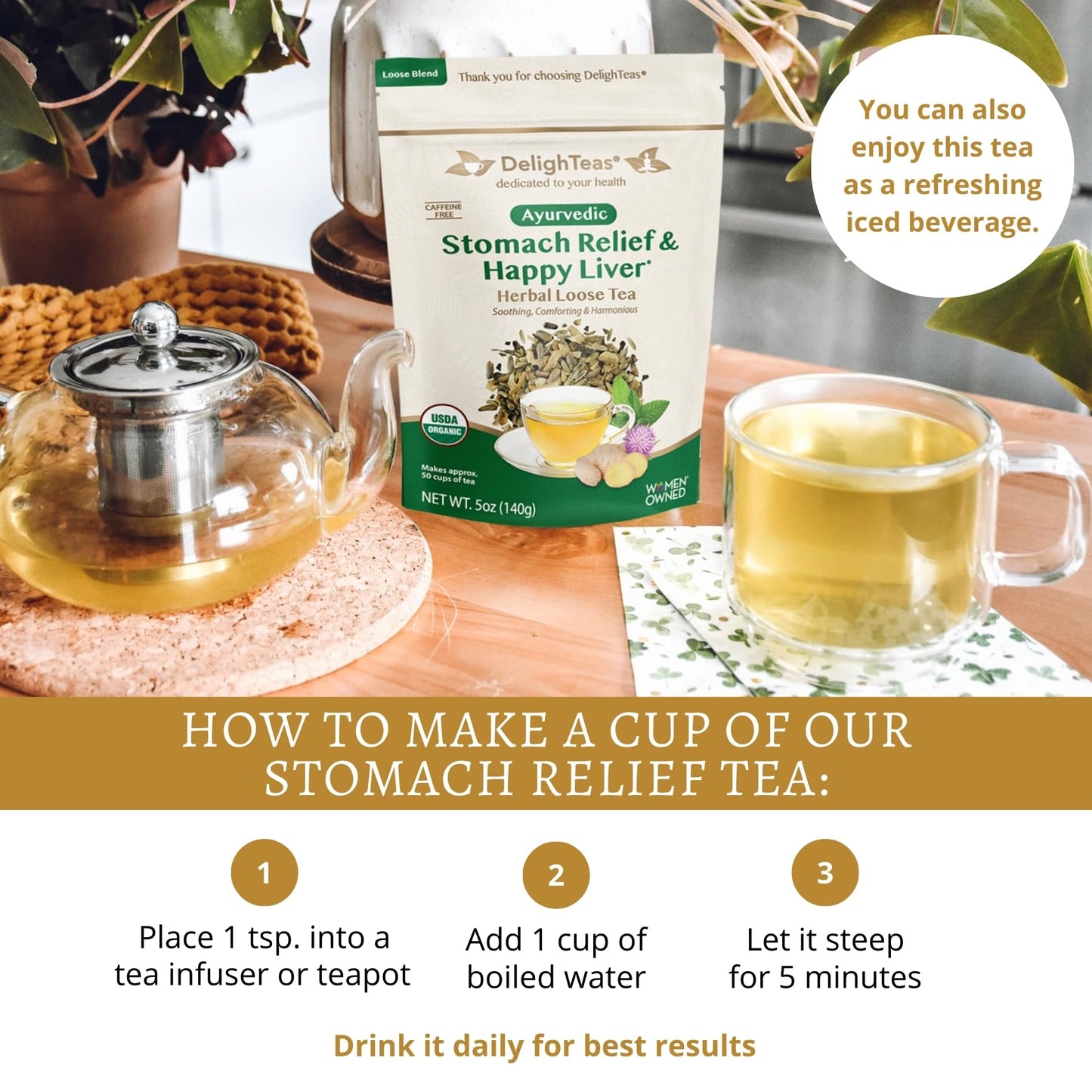 DelighTeas Stomach & Liver Tea - Ayurvedic Herbal Blend, 5oz Loose Leaf, Vegan, Caffeine-Free, Sugar-Free