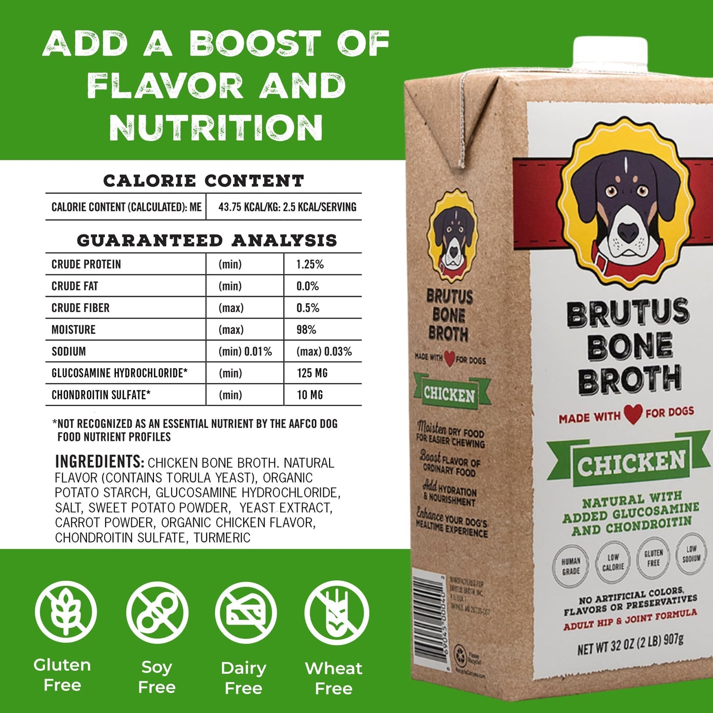 Brutus Bone Broth Chicken Broth for Dogs - Human Grade, 64 Fl Oz - Nutritious Toppers with Glucosamine & Turmeric