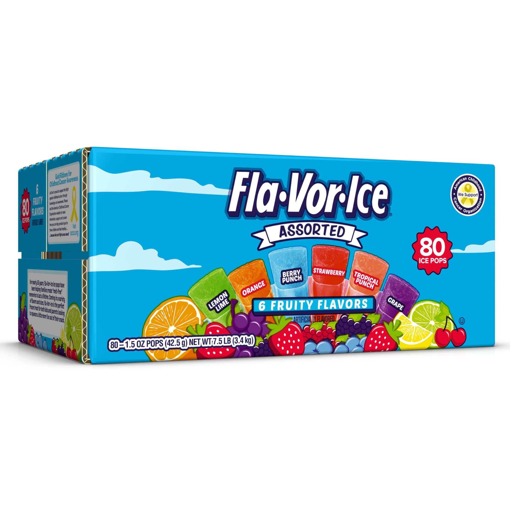 Fla-Vor-Ice Popsicle Variety Pack of 1.5 Oz Freezer Bars, Assorted Flavors, Lemon-Lime, Berry Punch, Grape, Strawberry, Orange, 