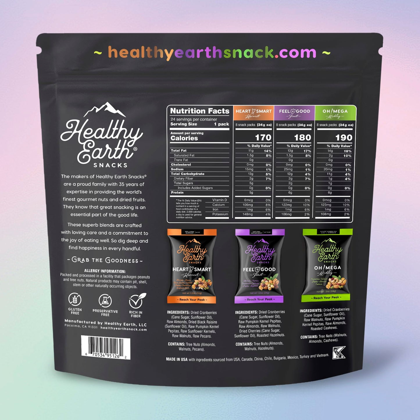 Healthy Earth Snacks 3 Flavors Variety Pack  24 Count | Mixed Nuts & Dried Fruits Gourmet Snacks  Gluten-Free | 8 Packets Per Flavor: Heart Smart Harvest  Feel Good Feast  & Oh! Mega Medley (816g)