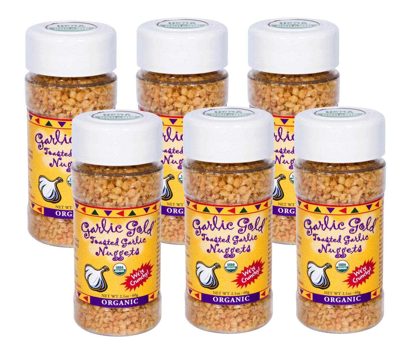 Garlic Gold, Organic Crunchy Garlic Nuggets, Roasted Garlic Seasoning Granules, Vegan 2.1-Ounce Shaker Jar (Pack of 6)