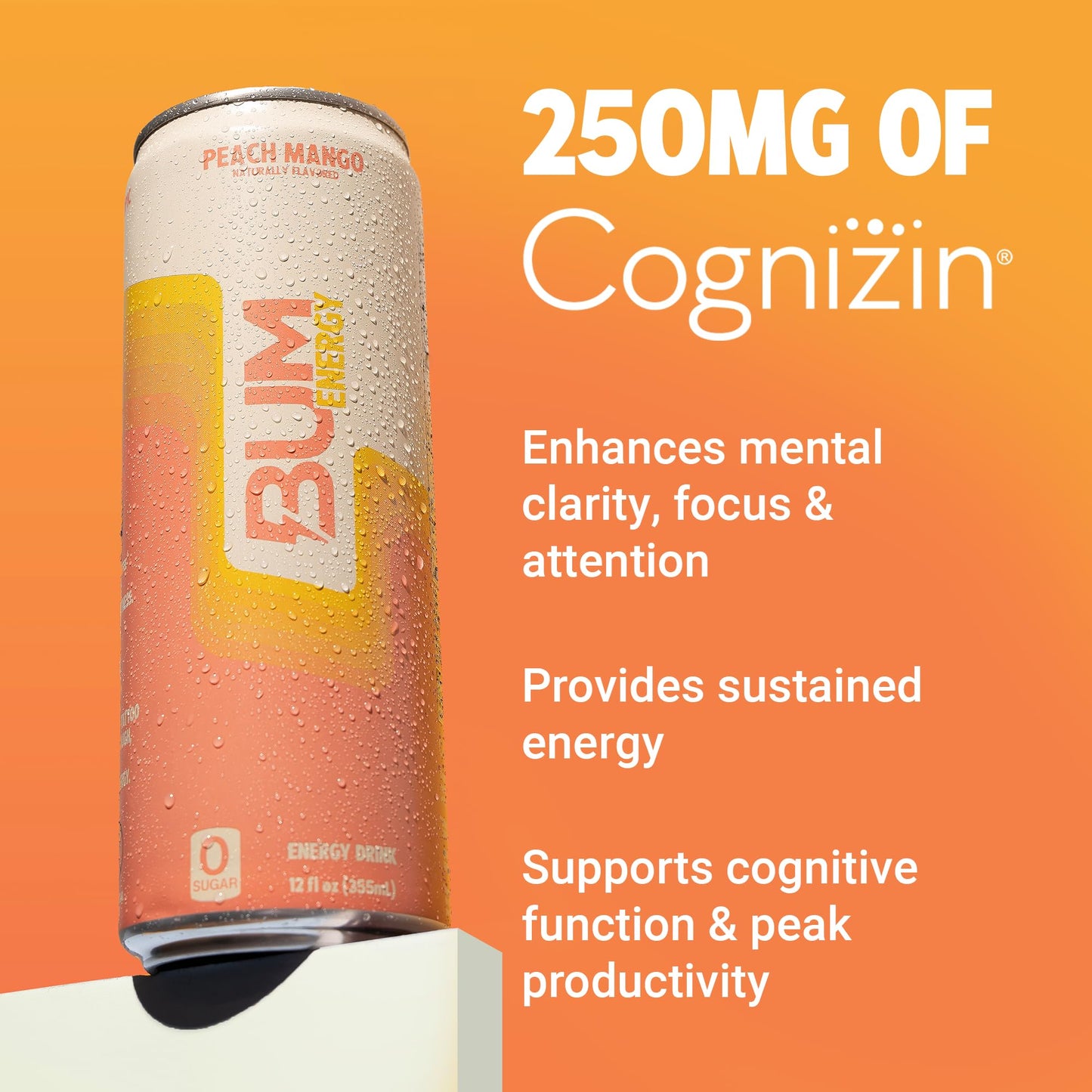 BUM Sugar-Free Energy Drink  Peach Mango - Lightly Carbonated & No Artificial Colors  Natural Caffeine & Citicoline for Energy & Focus  Brain Boost & Workout Sports Beverage - 12 oz  Pack of 12