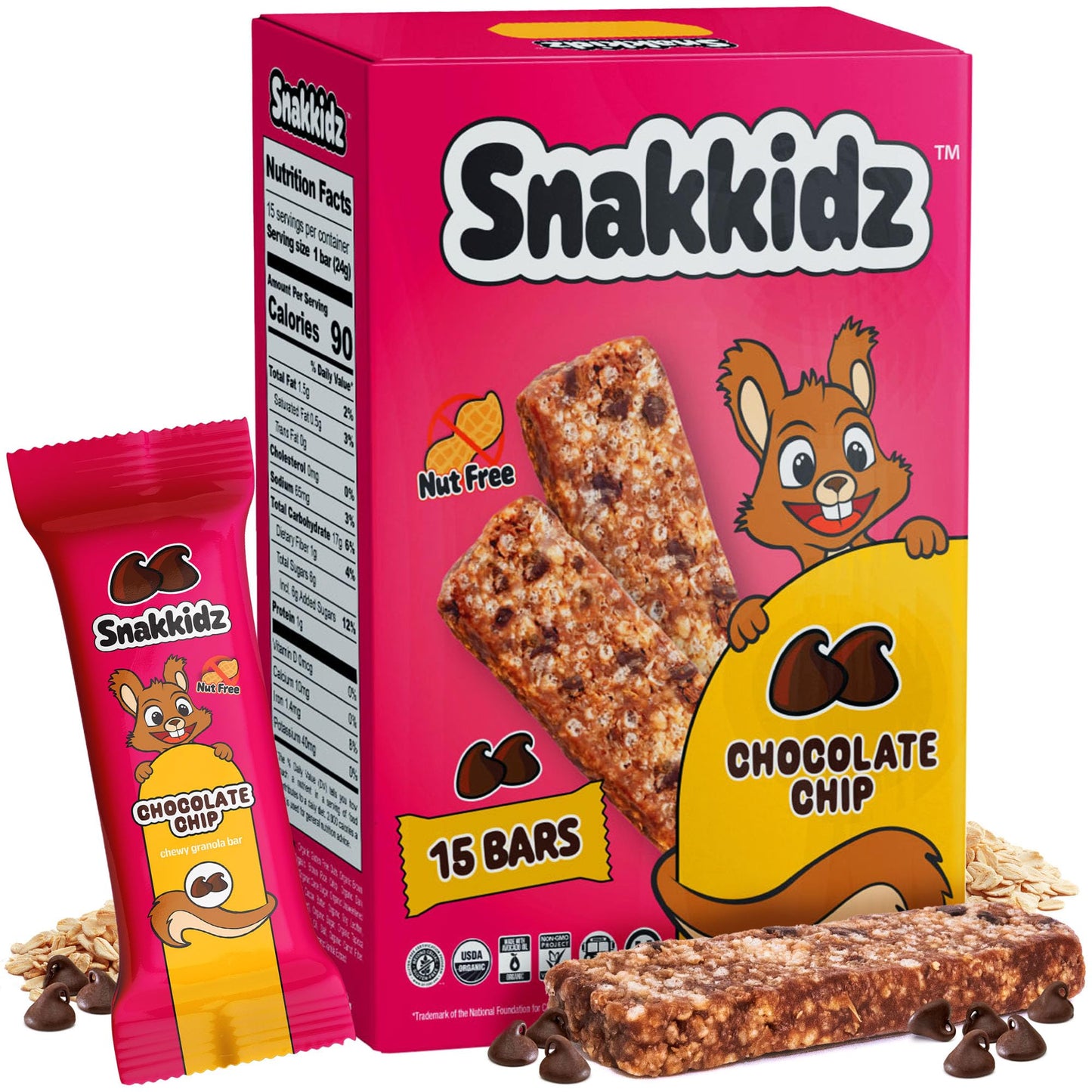 Snakkidz Organic Chewy Granola Bars, Allergen Free, Low Sugar, 15 Bars, Chocolate Chip