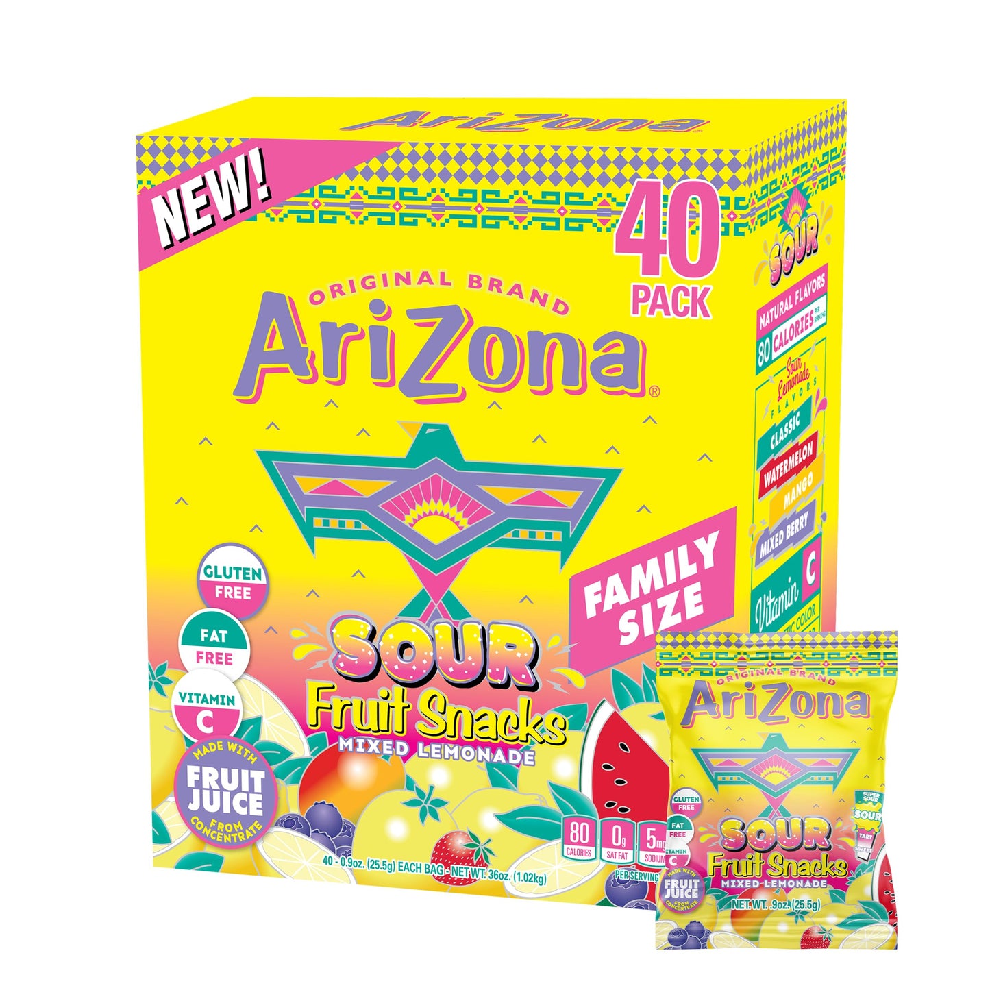 AriZona Sour Lemonade Fruit Snacks, Sour Lemonade - 0.9 oz, 40 count Box