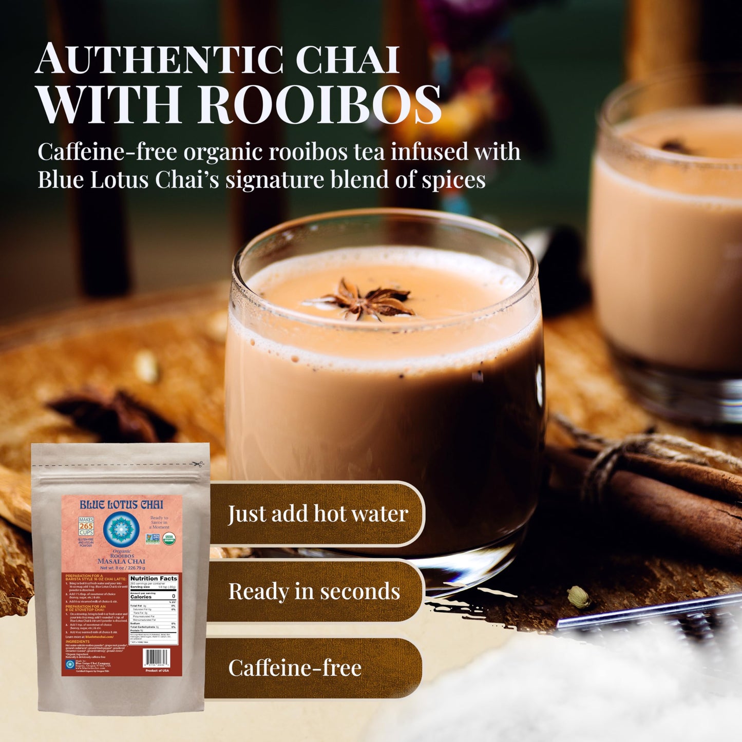 BLUE LOTUS CHAI Organic Rooibos Masala Chai Powder - Caffeine-Free, Gluten-Free, 8 Ounce, Makes 265 Cups