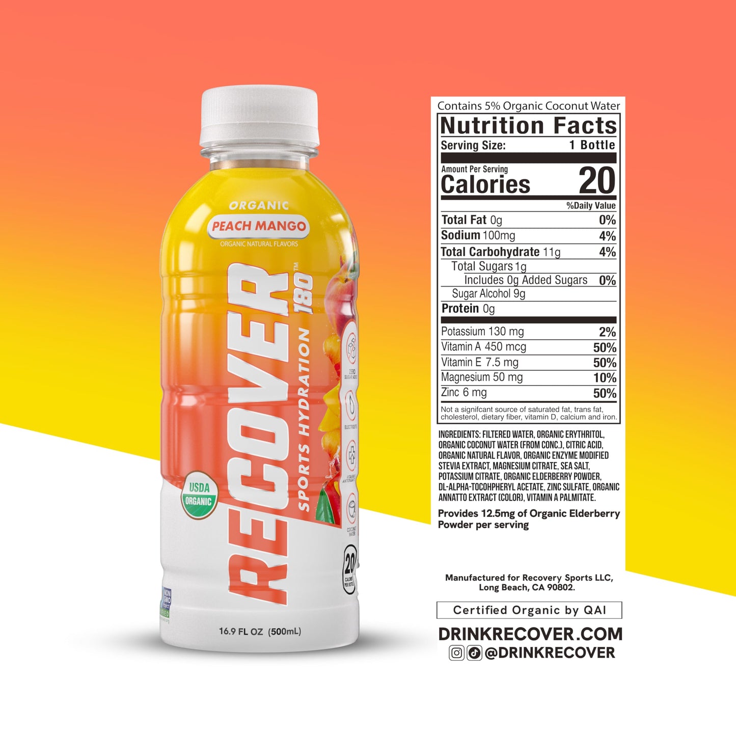 RECOVER 180 Organic Sports Hydration Drink, No Sugar, 15 Calories, Peach Mango, 16.9 Fl Oz (Pack of 12)