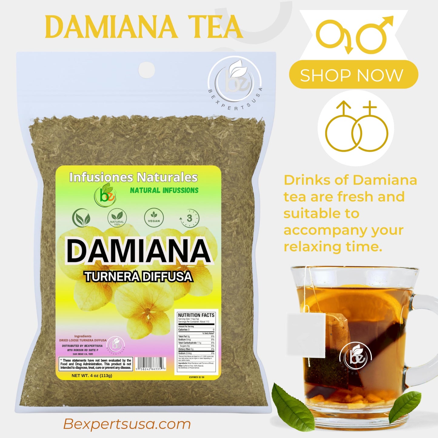 Damiana Leaf Tea (Turnera diffusa) - 4 oz Loose Herbal Te - Authentic Mexican Origin - 100% Natural  Non-GMO  Caffeine-Free  Gluten-Free  Vegan - Herbal Infusion by Bexpertsusa