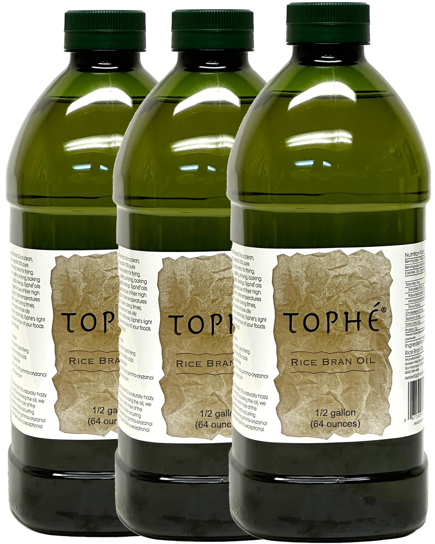 RICE BRAN OIL | All Natural, Made from 100% Non-GMO Rice | Rich in Vitamin E and Gamma-Oryzanol | Unfiltered, Non Winterized, No Trans Fat | 3-Pack 1/2 Gallon By Tophé