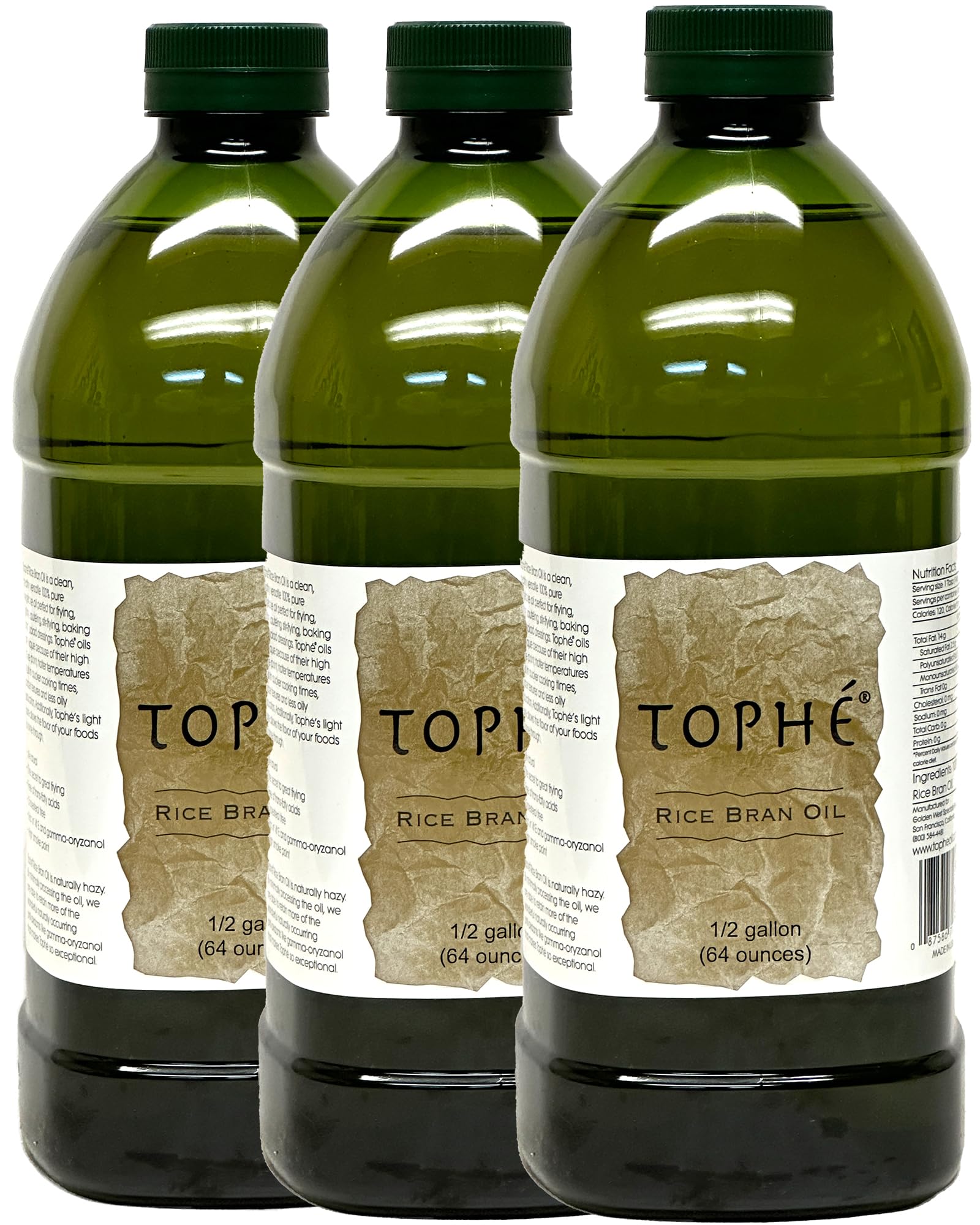 RICE BRAN OIL | All Natural, Made from 100% Non-GMO Rice | Rich in Vitamin E and Gamma-Oryzanol | Unfiltered, Non Winterized, No Trans Fat | 3-Pack 1/2 Gallon By Tophé