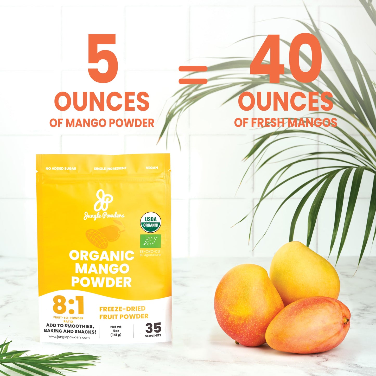Jungle Powders Organic Mango Powder 5 Ounce Bag, Mango Extract For Baking, Smoothies, Desserts, Freeze Dried Mango Powder, Non G