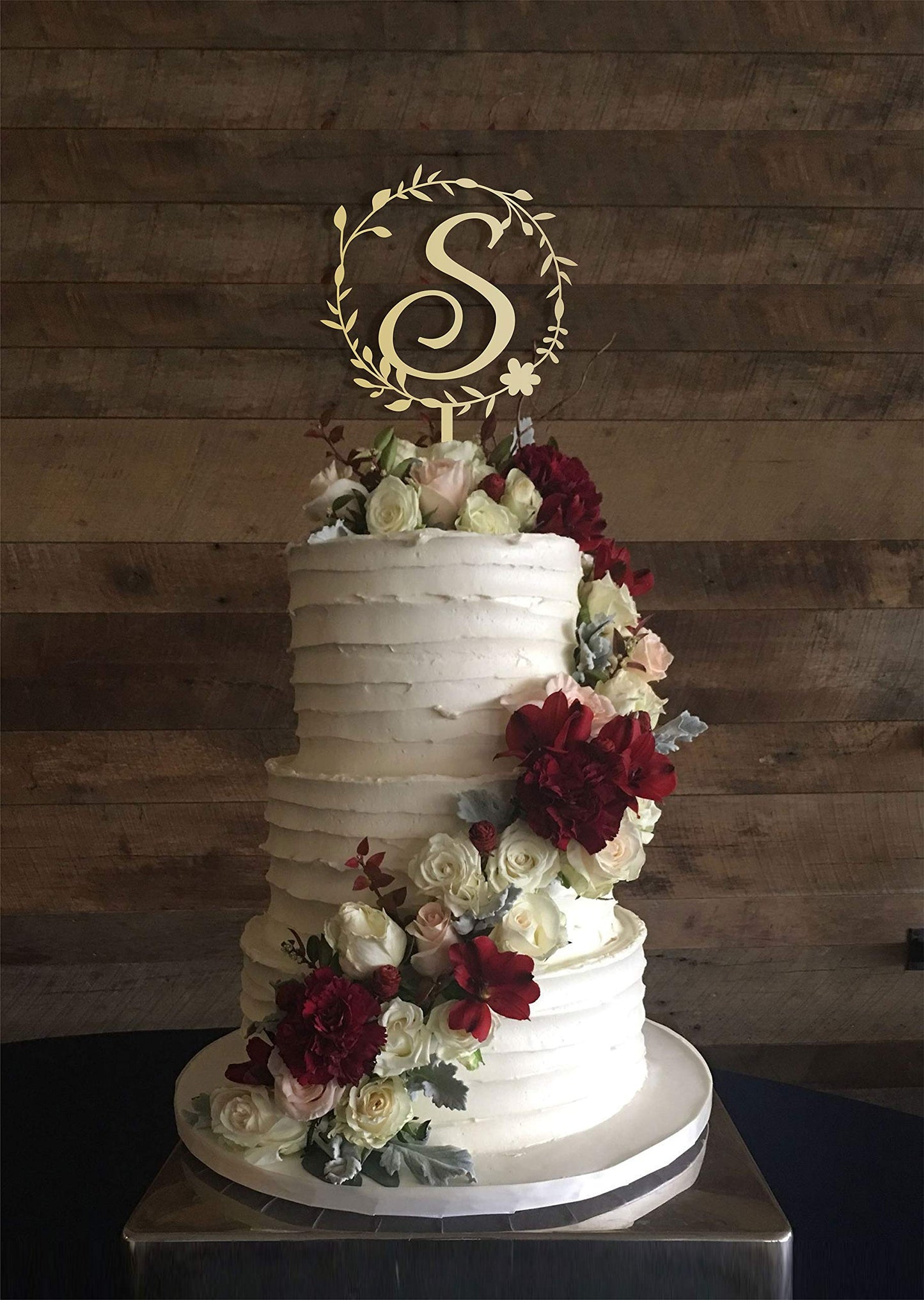 Kiskistonite Initials S Cake Topper, Monogram Cake Topper S, Rustic Wedding Cake Topper, Wreath Letter S Cake Topper, Mirror Gol