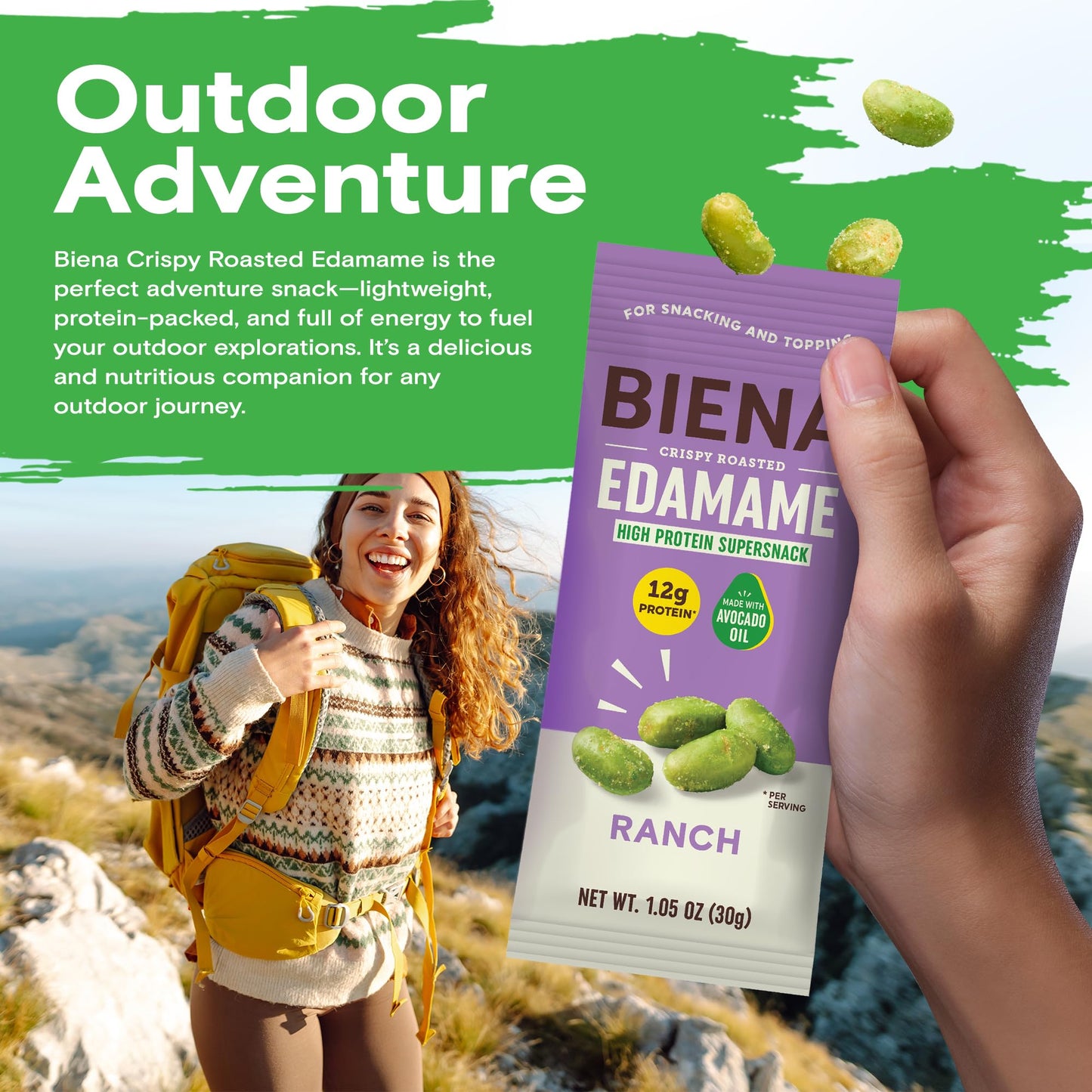Biena Crispy Roasted Edamame Beans Snack - High Protein Low Carb Snack for mature-themeds & Kids  12g Protein per Serving - Made w/Avocado Oil - Vegan  Gluten-Free - 10-Pack  1.05oz Bags  Ranch