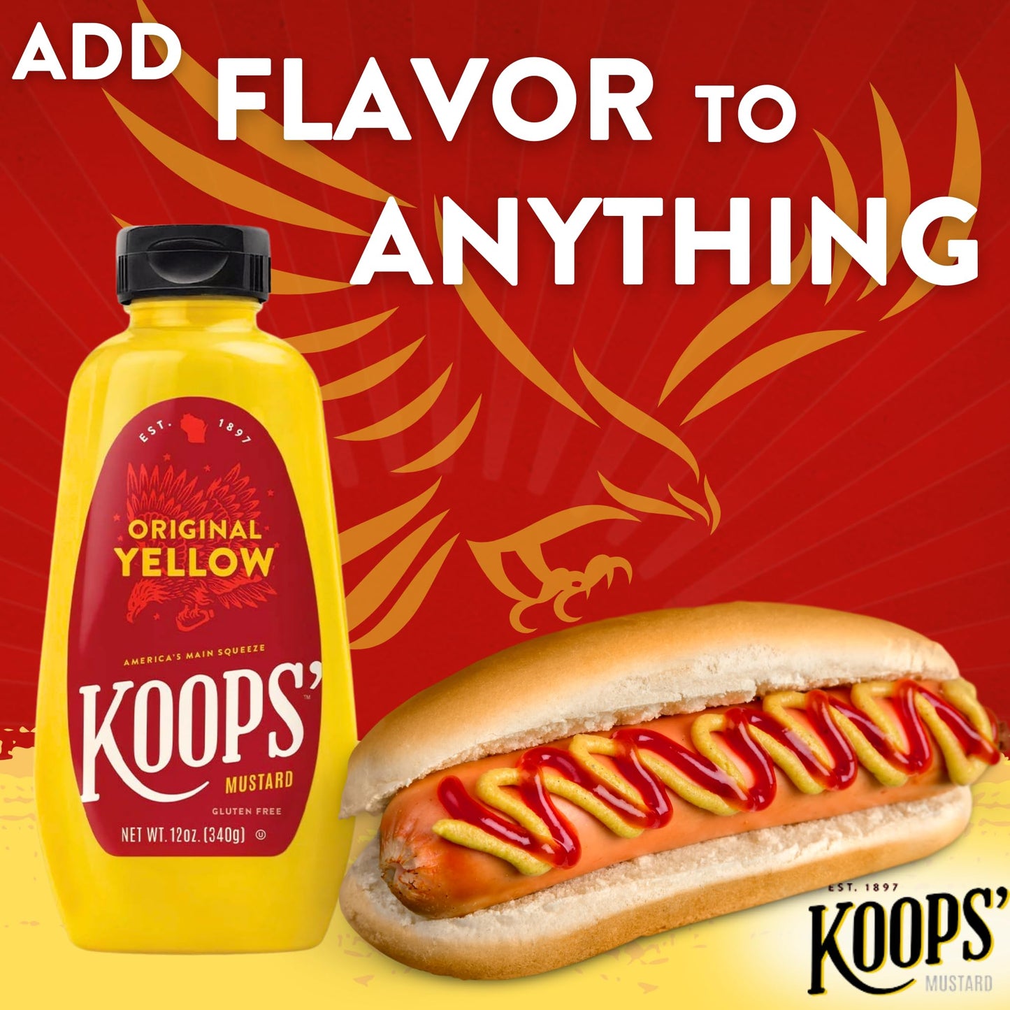KOOPS Original Yellow Mustard, Gourmet, Gluten-Free, Kosher, 12 Oz, Pack of 4