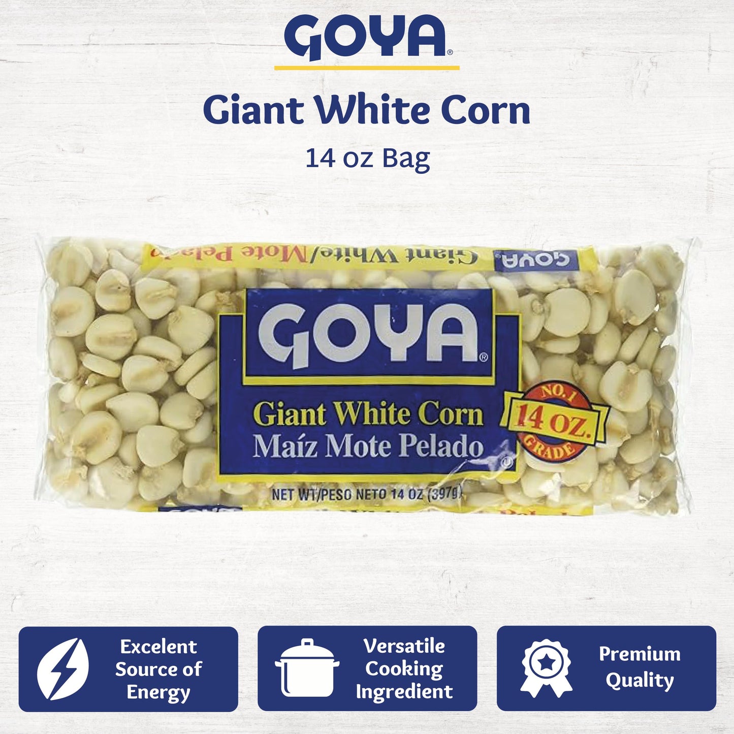 Giant White Corn by Goya, Whole White Hominy, Mexican Corn, Dried White Corn Kernels, Ma  z Mote Pelado, 14oz. Bag
