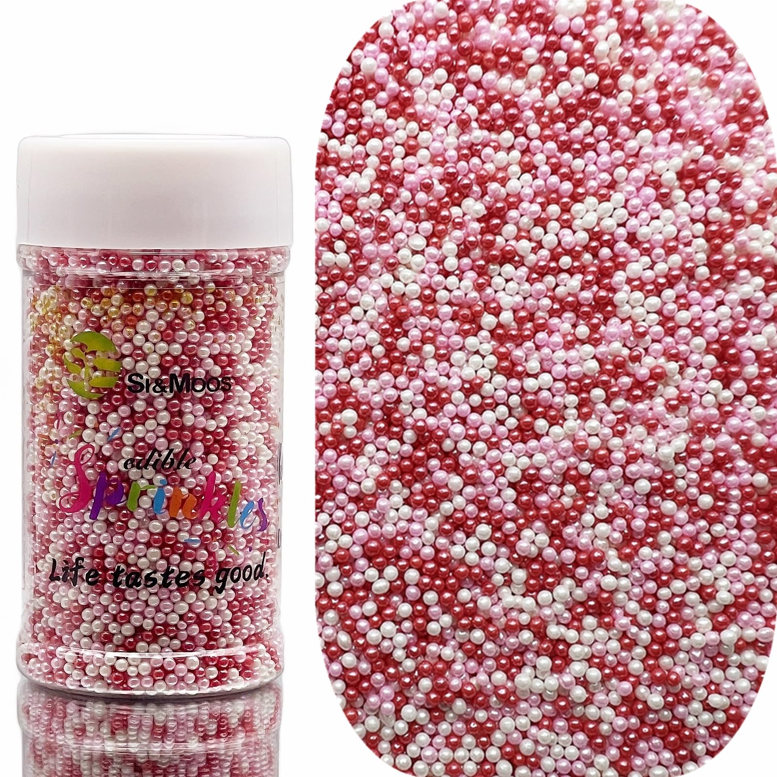 SE Si&Moos Nonpareil Sprinkles, 2mm Red Pink and White Mini Edible Pearls Red and Pink Sprinkles for Cake Decorating Valentines 