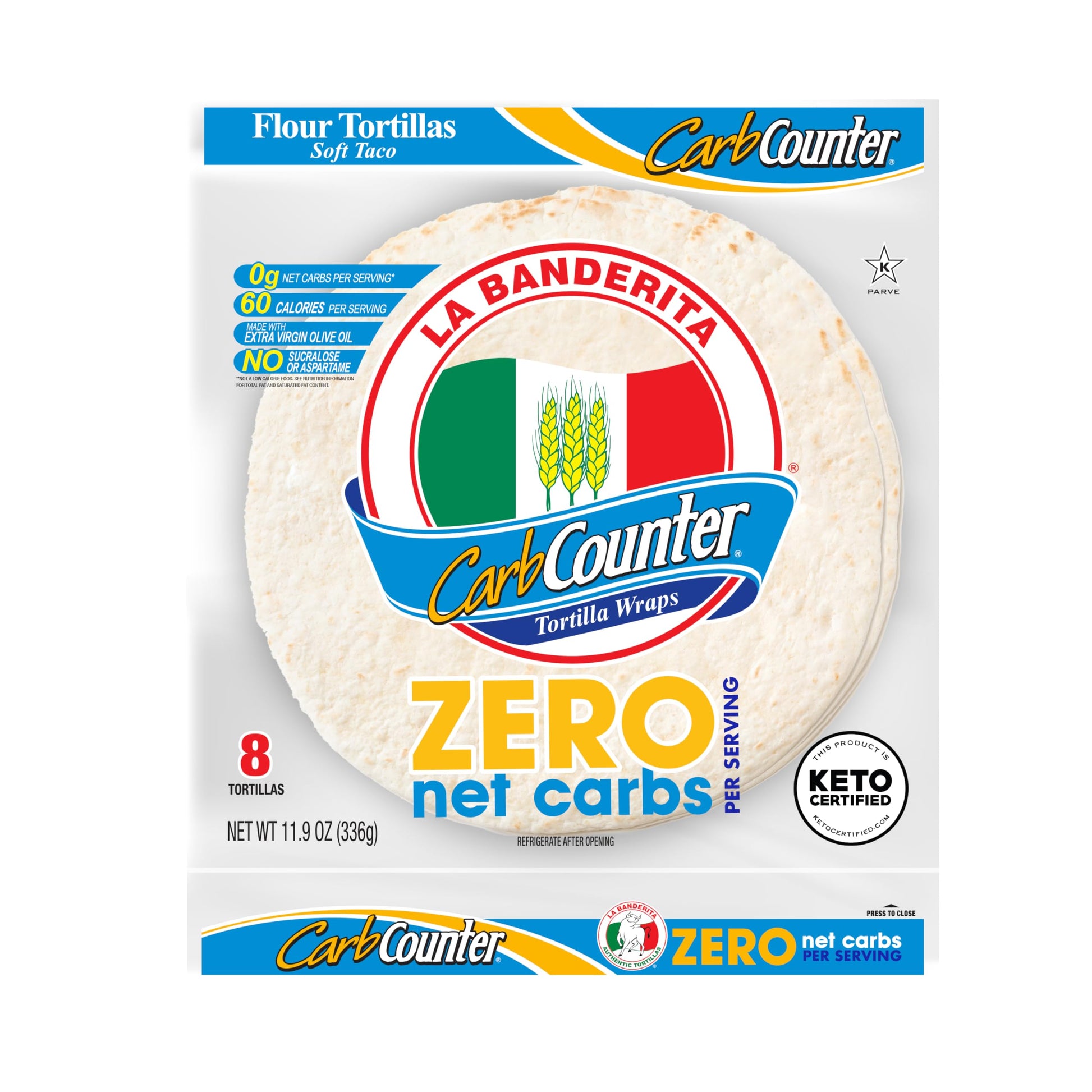 La Banderita Carb Counter ZERO Net Carbs | 8'' Size FlourTortillas | Keto Certified | 11.8 oz.| 8 Count (Pack of 4)