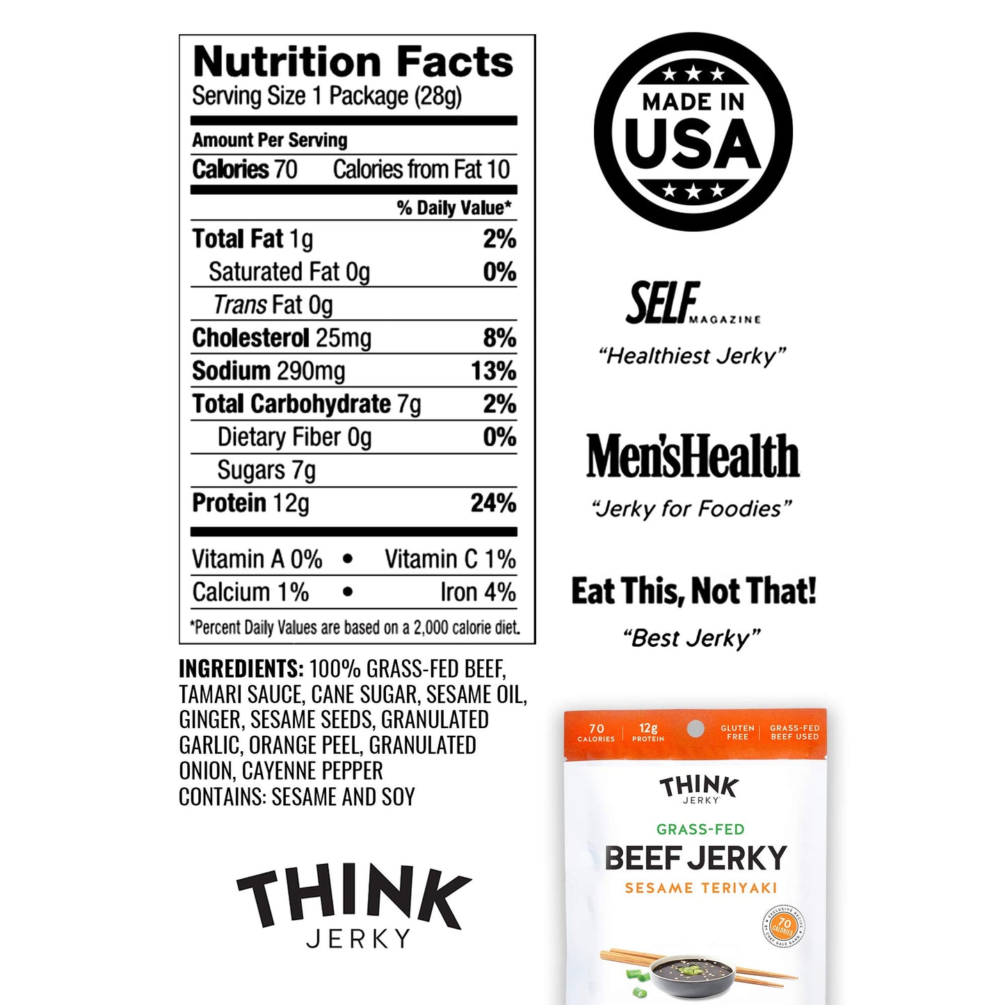 Think Jerky Sesame Teriyaki Beef Jerky, Gluten Free, Low Fat, 2.2 oz Bags, 4 Pack