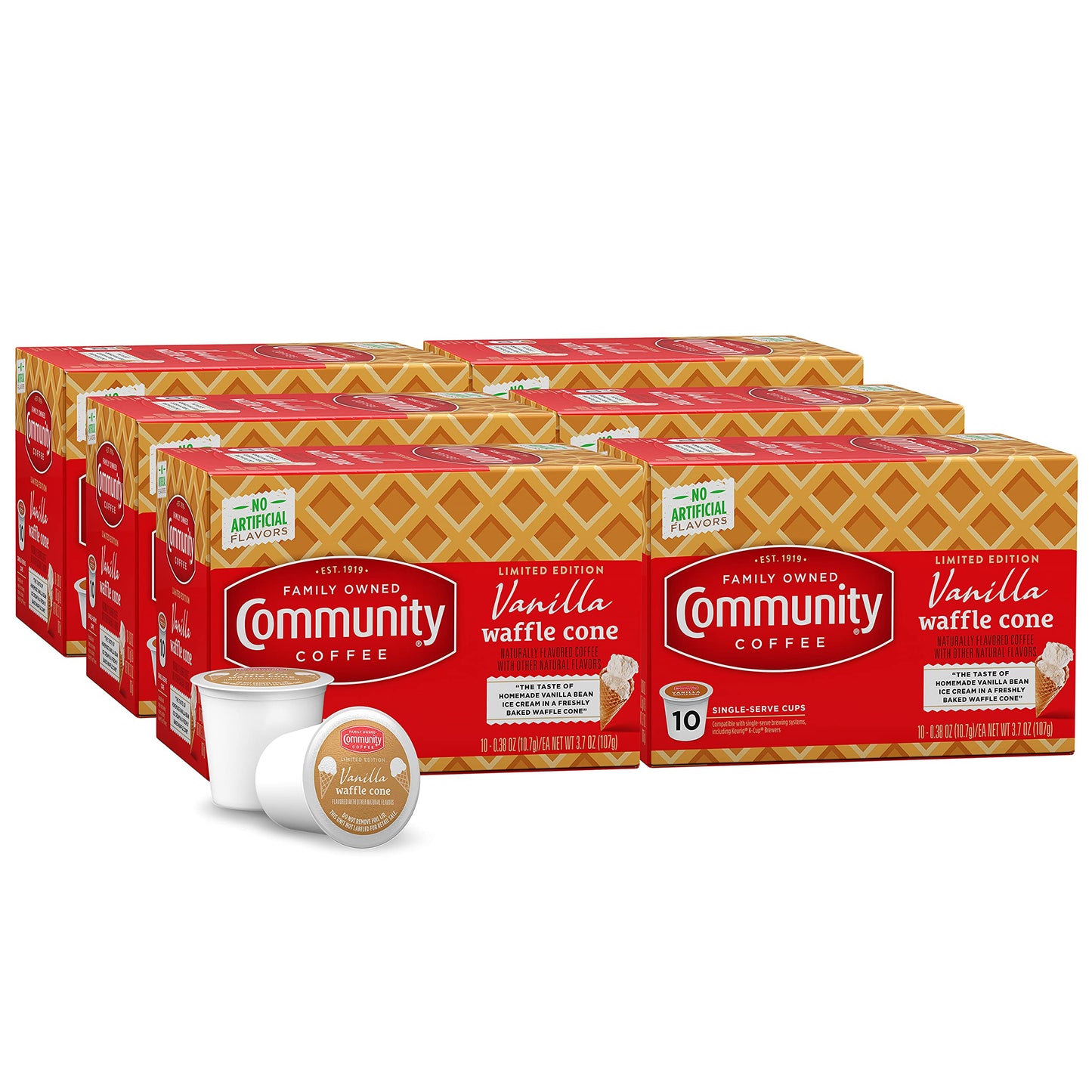Community Coffee Vanilla Waffle Cone Coffee Pods, Ice Cream Flavored, Compatible with Keurig 2.0, 10 Count (Pack of 6)