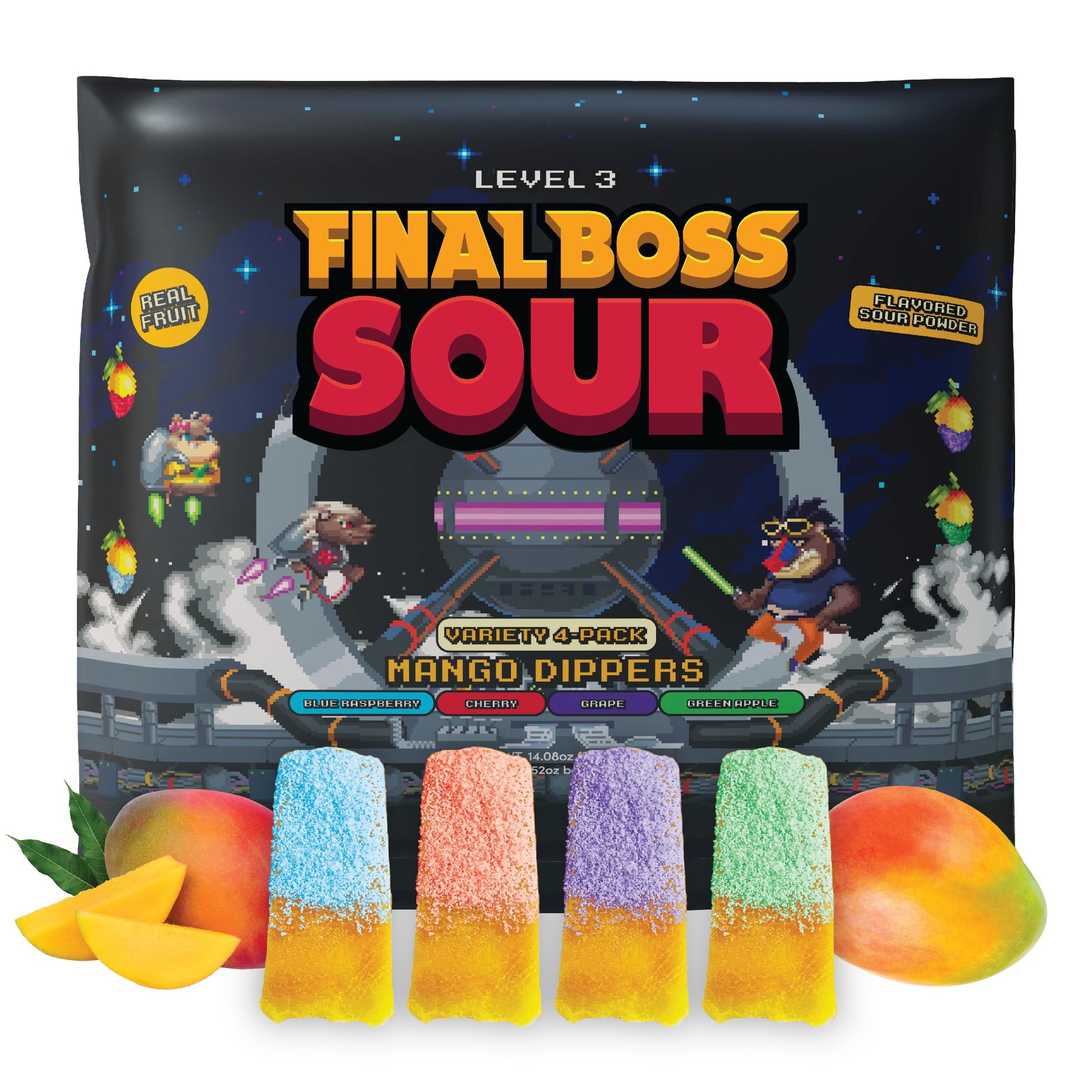 Final Boss Sour, Fun Dip, Extreme Super Sour Powder with Real Candy-Tasting Dried Mangoes, (3.5 Ounces Bag, Pack of 4) - Vintage