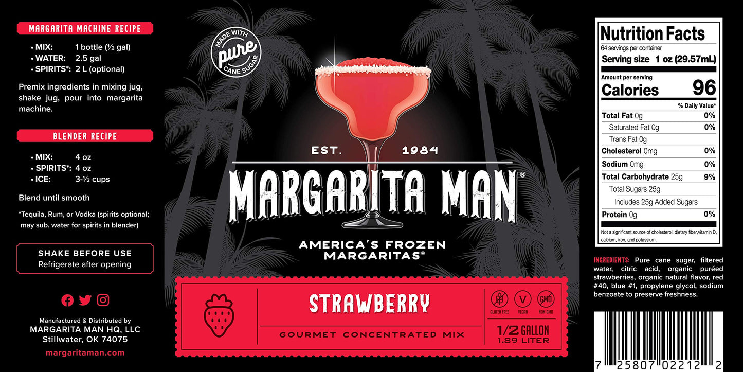Margarita Man Strawberry Daiquiri/Margarita Mix Concentrate, 64oz Bottle, Makes 56 Drinks, Red