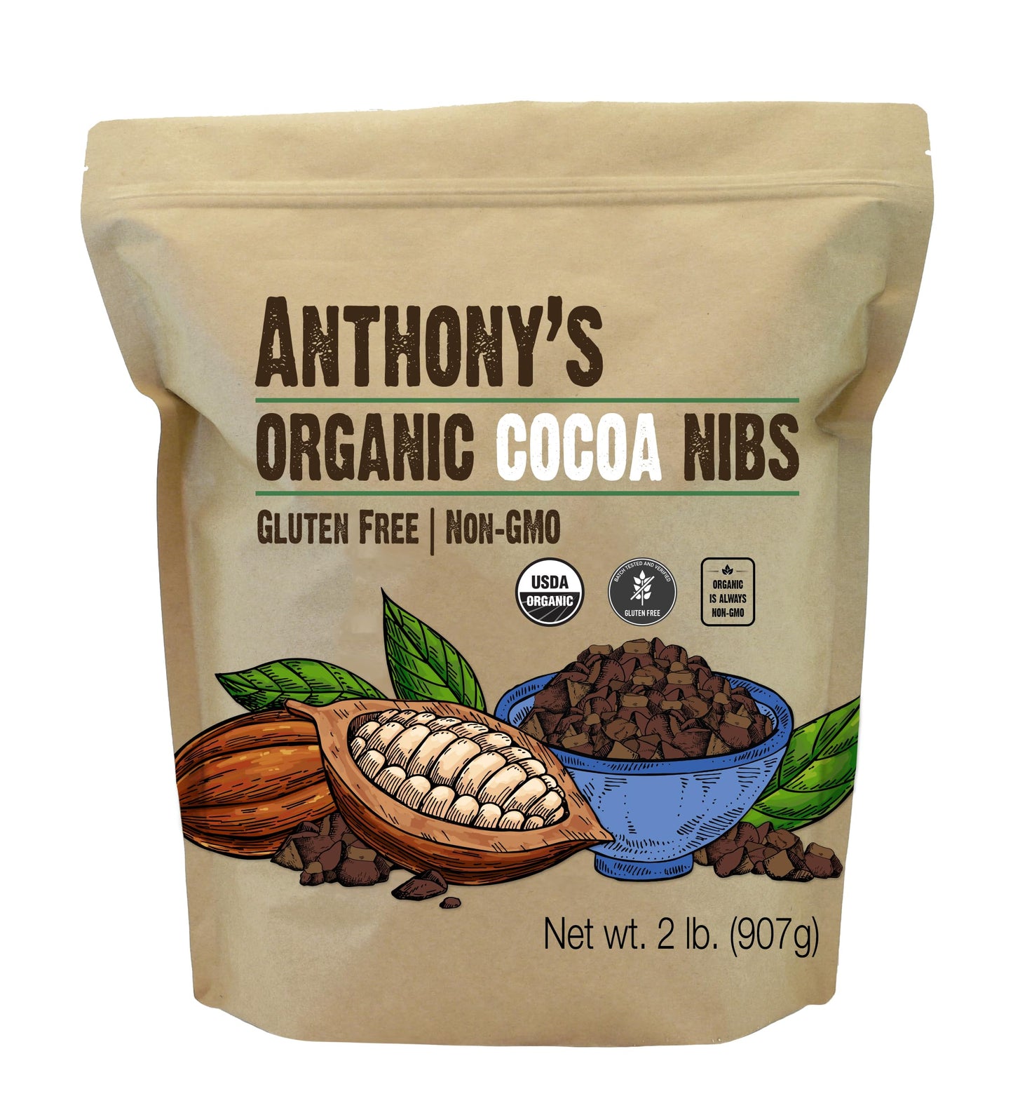 Anthonys Organic Cacao Cocoa Nibs, Rich Brown, 2 lb Pack