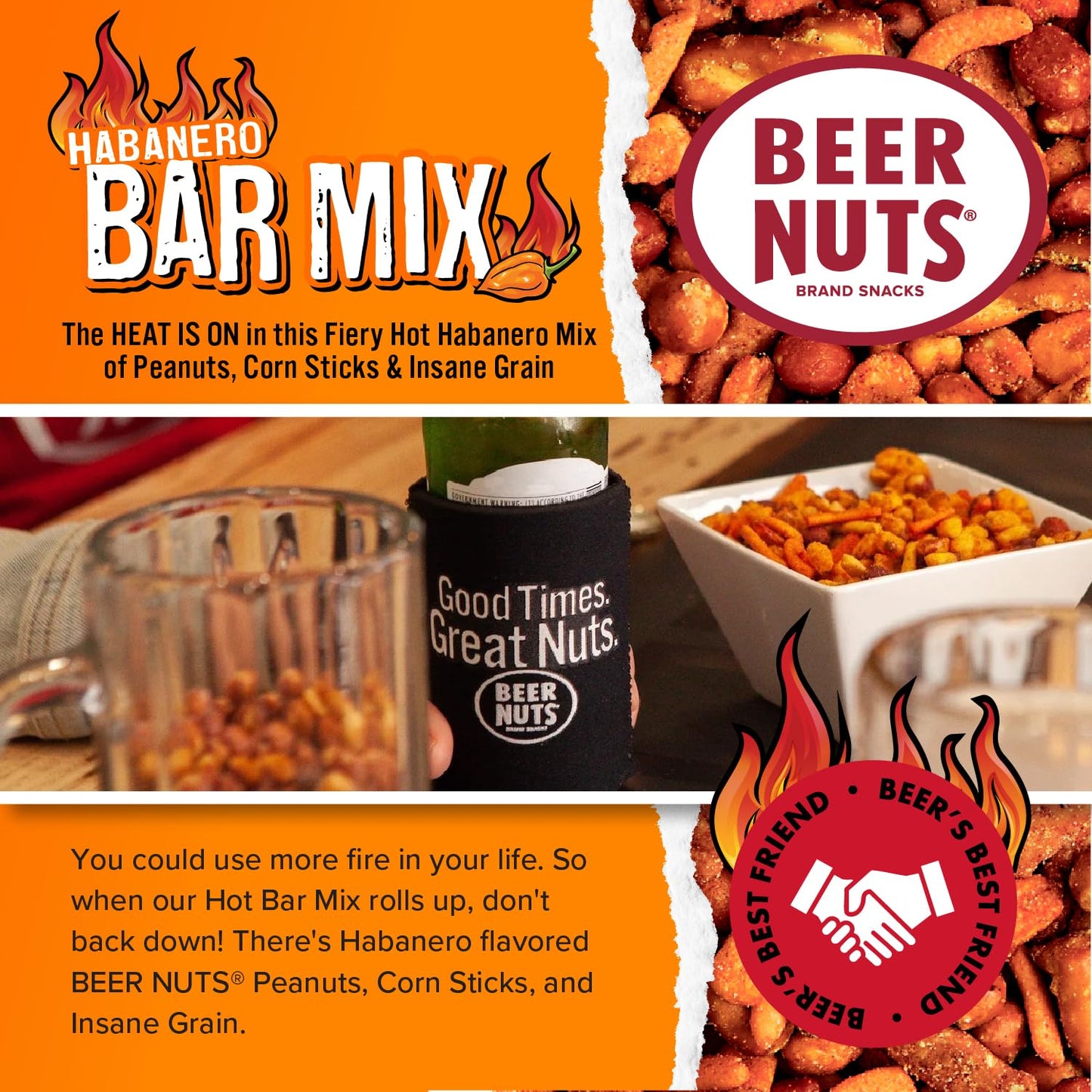 malt-inspired NUTS Habanero Bar Mix - Fiery Hot Peanuts and Corn Sticks - 20oz Resealable Bag