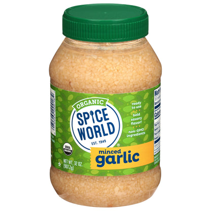 Spice World Organic Minced Garlic - Bulk 32oz Container, USDA Certified Organic with Non-GMO Ingredients - Ready-to-Use Seasonin