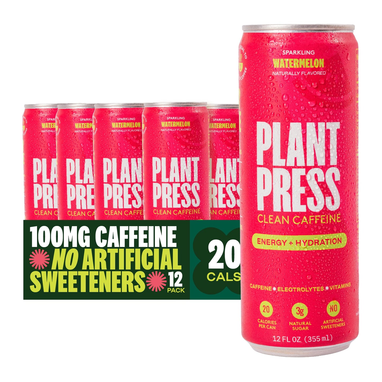 Plant Press Organic Energy Drink - 100 mg Caffeine, Watermelon Flavor, 12 Fl Oz (Pack of 12)