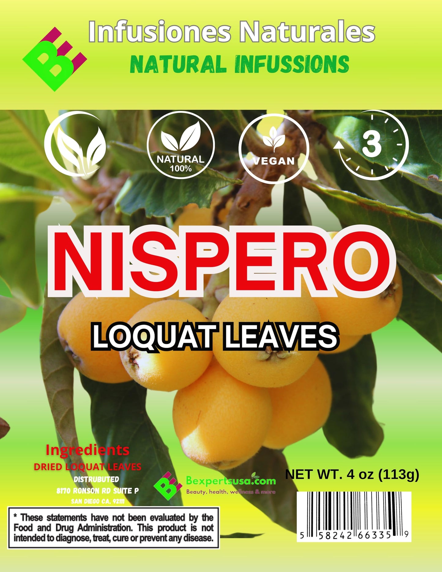 Te Hojas De N  Spero (Loquat Leaves Tea) - 4Oz (113G) - 100% Natural, Wildcrafted, Non-Gmo, Gluten-Free, Vegan