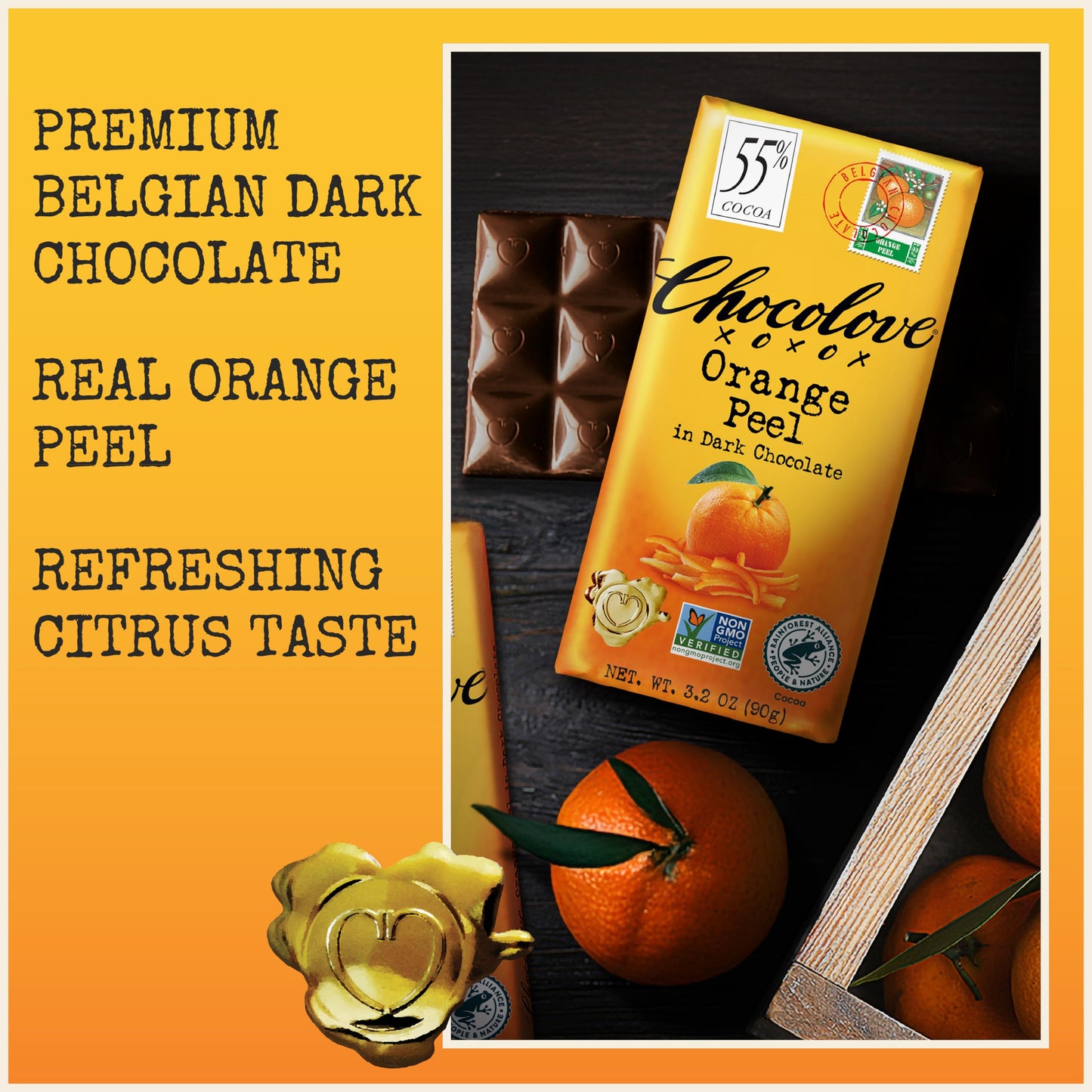 Chocolove Orange Peel Dark Chocolate Bars | 55% Cocoa | Tangy Orange Peel Bits | Smooth & Sweet | Premium Belgian Dark Chocolate