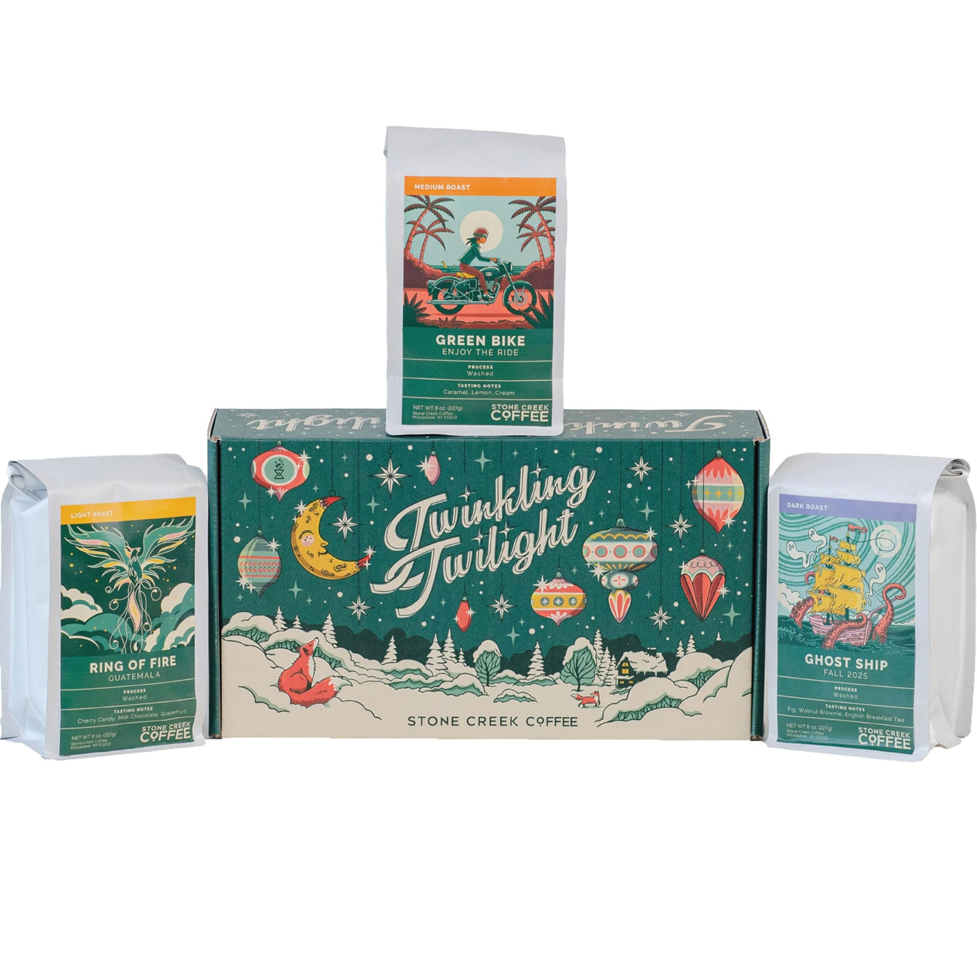 Stone Creek Coffee Twinkling Twilight Box Dark, Medium, And Light Roast (8 Oz, Pack Of 3) – Whole Bean Coffee Sampler, Holiday Limited-Edition Gift Set, Juicy, Balanced And Bold Roasted Coffee Beans