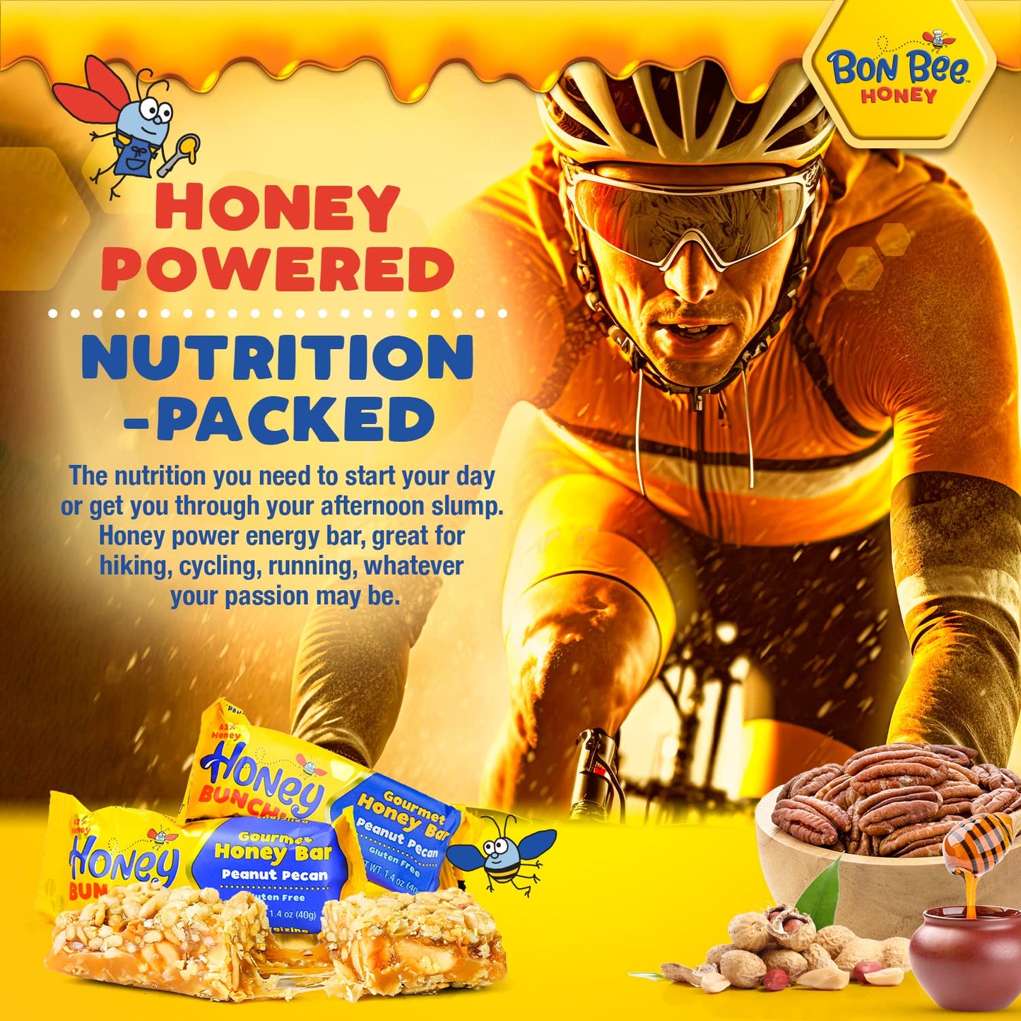 Bon Bee Honey Bunchies All Natural Honey Bar - Natural Breakfast & Nutrition Bars For Healthy Energy & Fuel - Variety Of Delicious Highlights & Perfectly Balanced, 12-1.4Oz Bars
