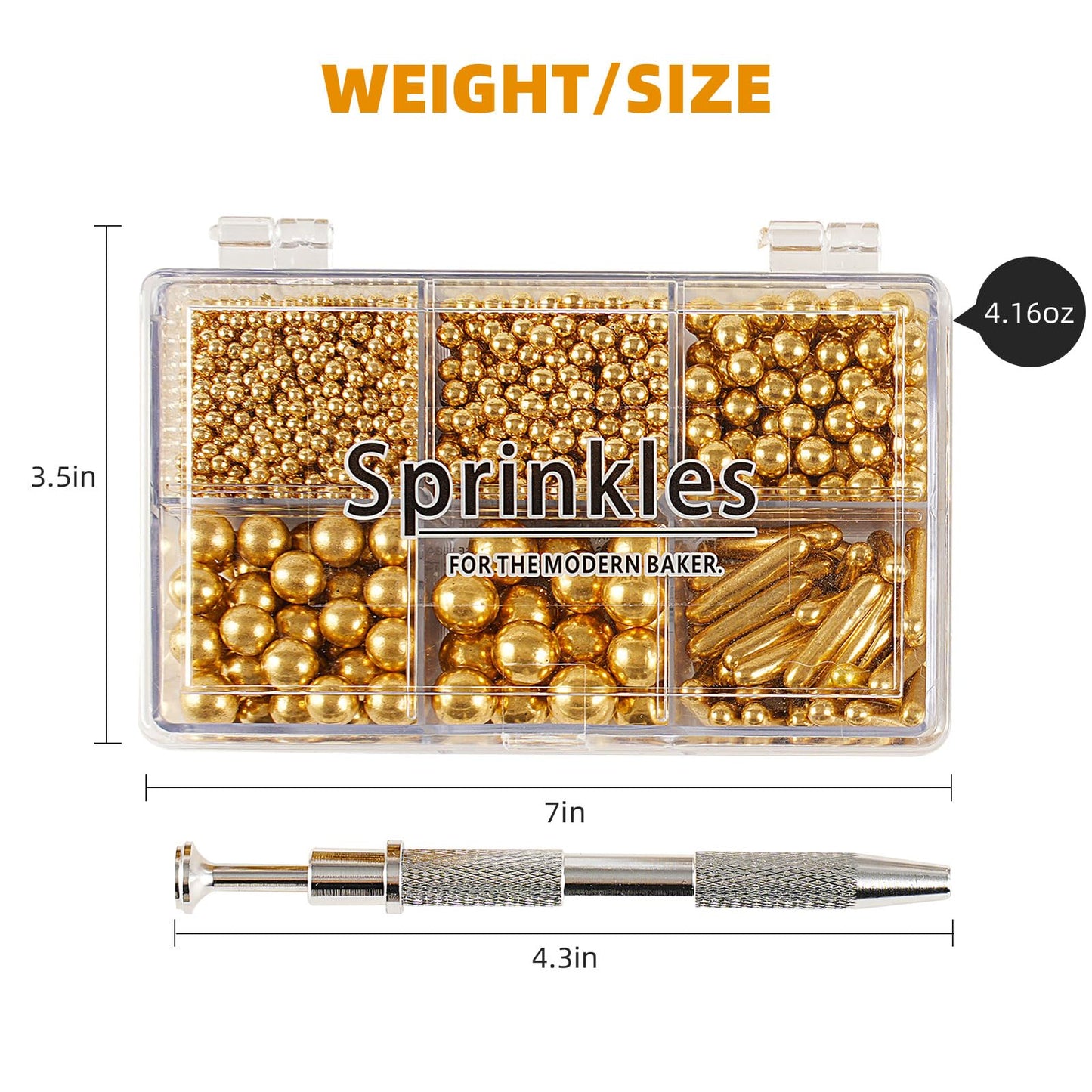 Kasvan Gold Mix Sugar Sprinkles - Edible Candy Pearls With 4-Claw Sprinkle Pen,118G/4.16 Oz, Gift Box Pack, Baking Cake Decorati