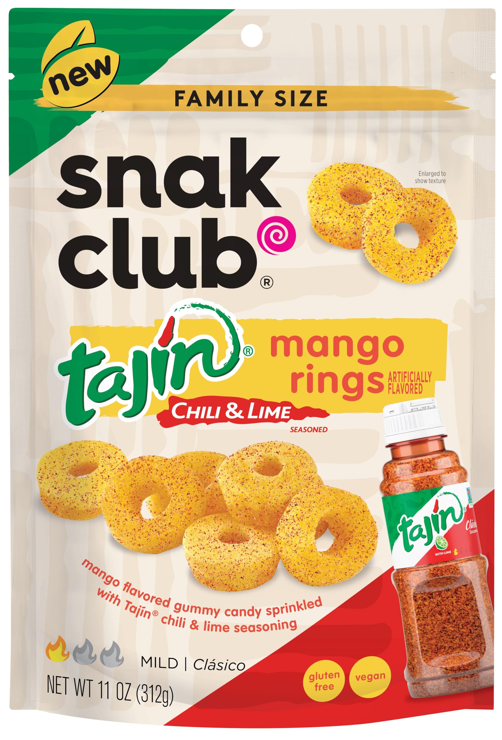 Snak Club Tajin Mango Rings, Chili & Lime Sweet Spicy Gummy Snacks, Mild in Heat Bold in Flavor, Gluten-Free Snack, 11oz Reseala