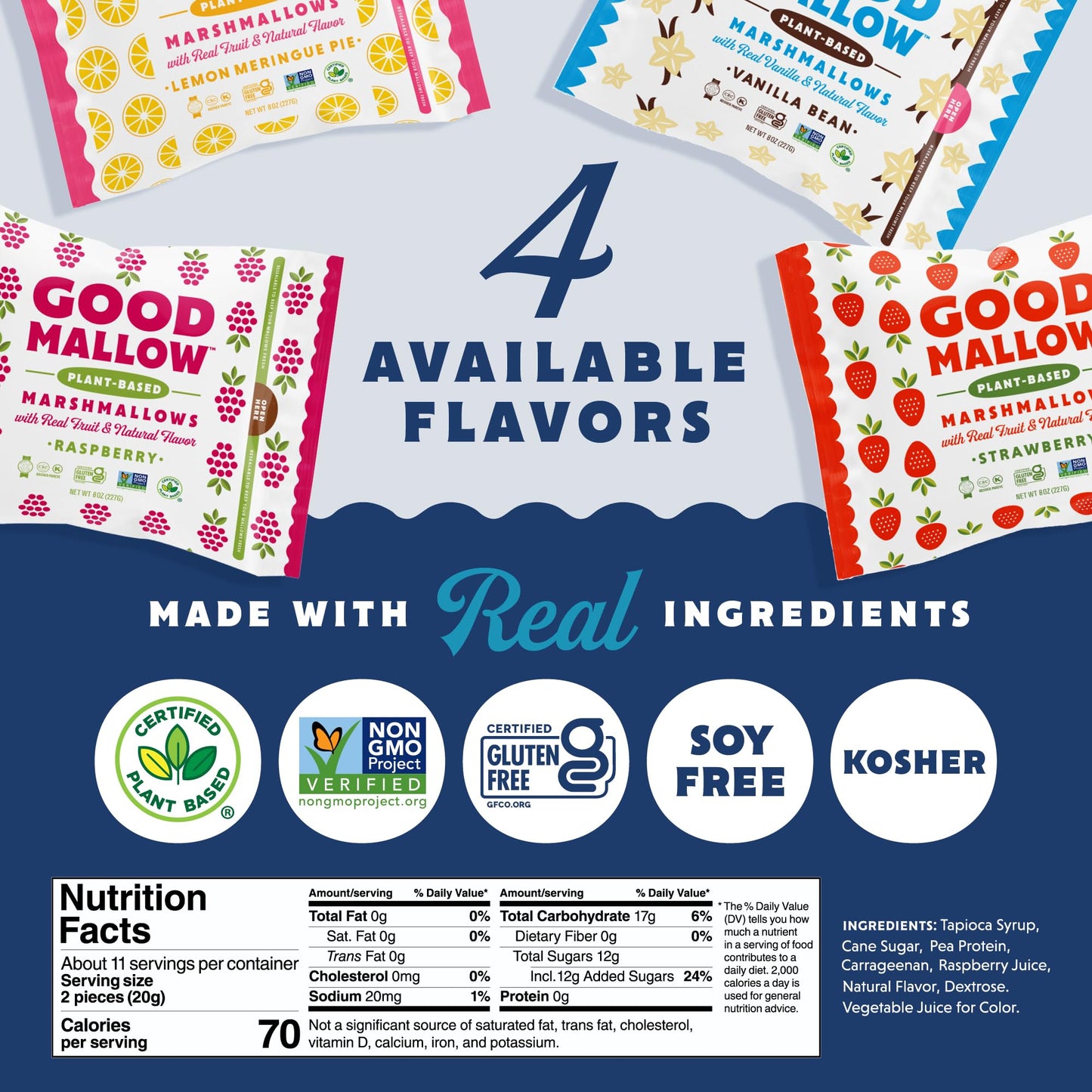 GoodMallow Vegan Marshmallows - Large 8 Ounce - Kosher, Gluten Free, Dairy Free, Gelatin Free, Raspberry Flavor