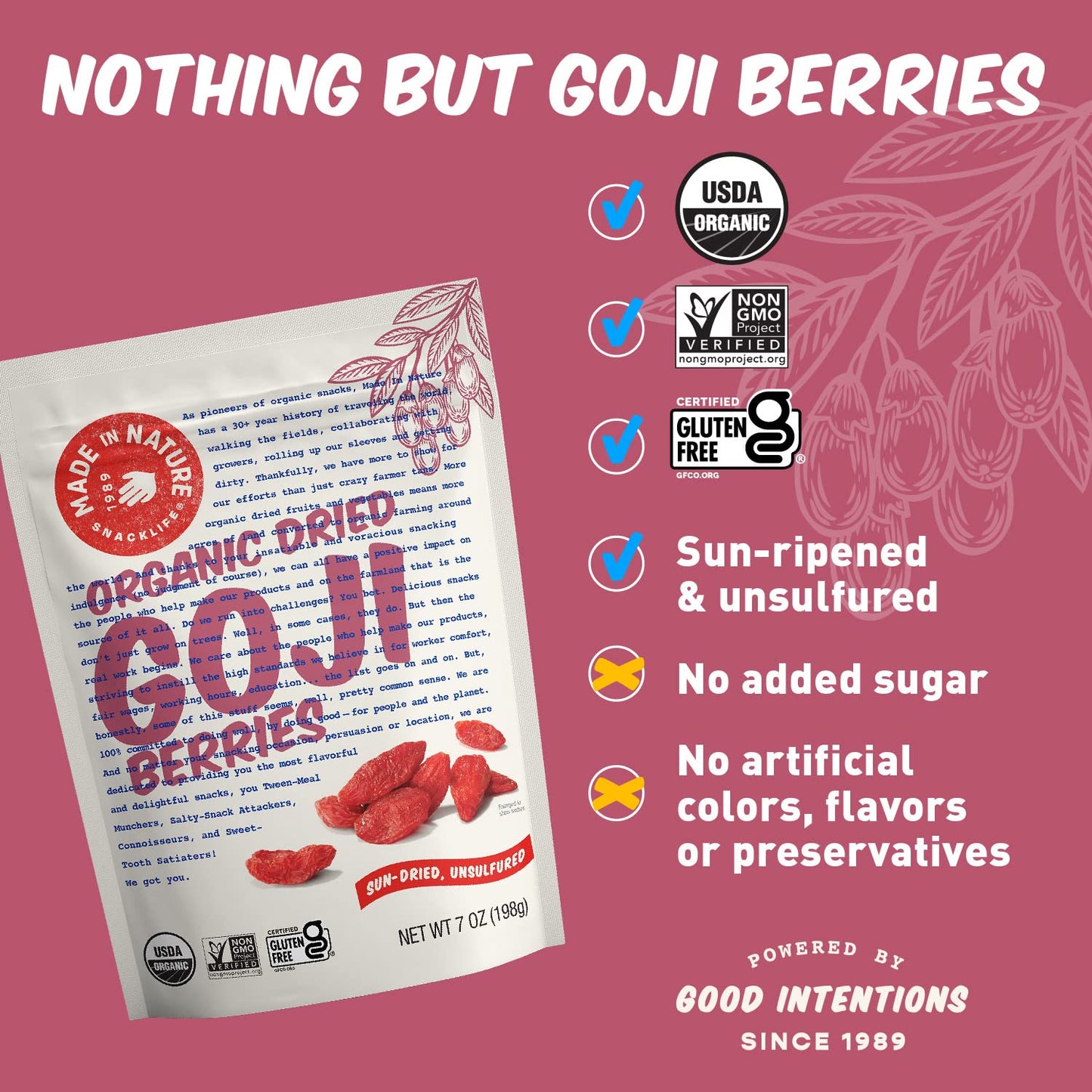 Made In Nature Organic Dried Goji Berries, Non-Gmo, Gluten Free, Unsulfured, Vegan Snack, 7Oz (Pack Of 1), Packaging May Vary